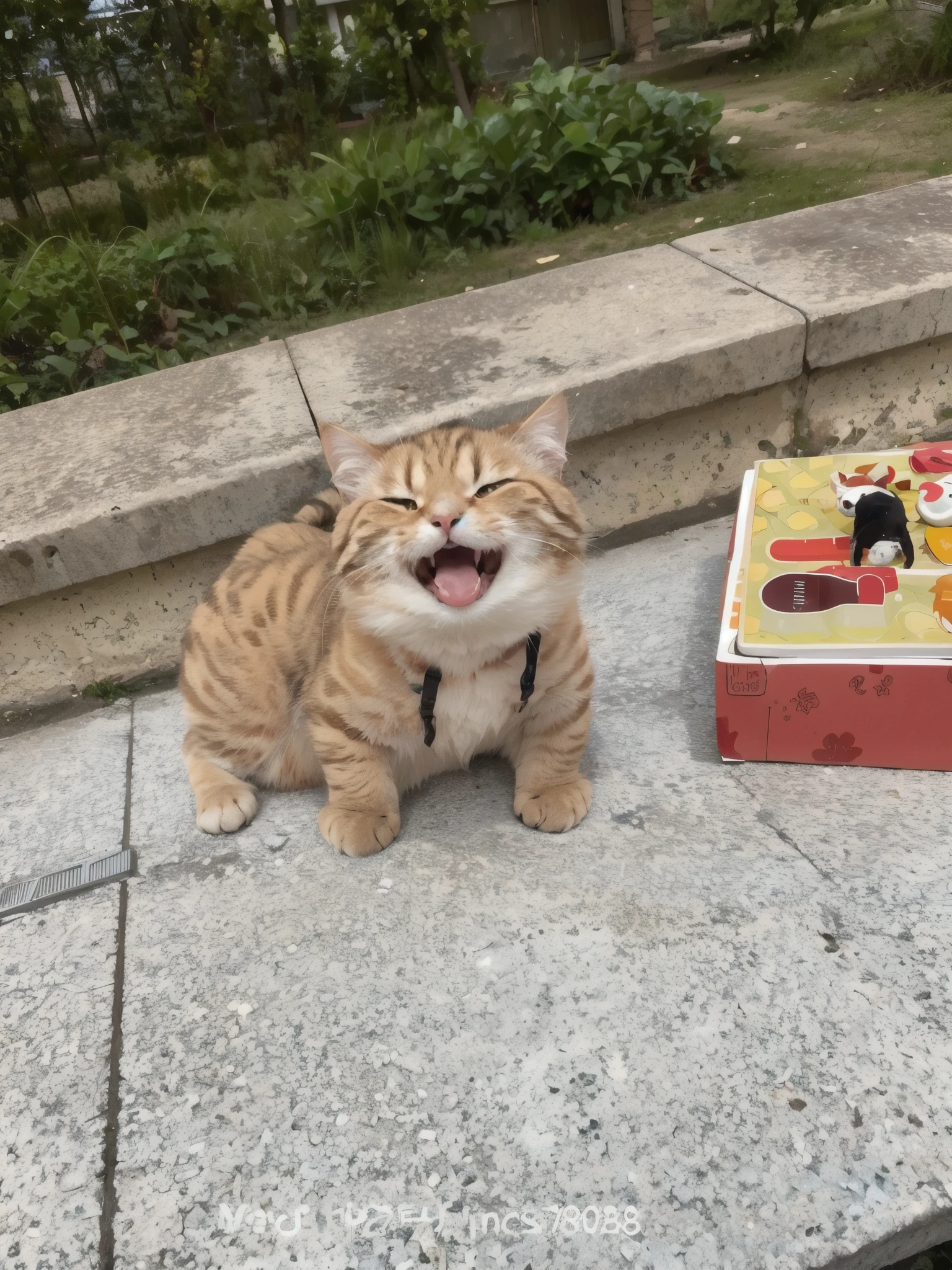 there is a cat that is sitting on the ground, the cat is smiling, he is very happy, a cat is smiling, happy with his mouth open, happy cat, funny cat, he is screaming,
