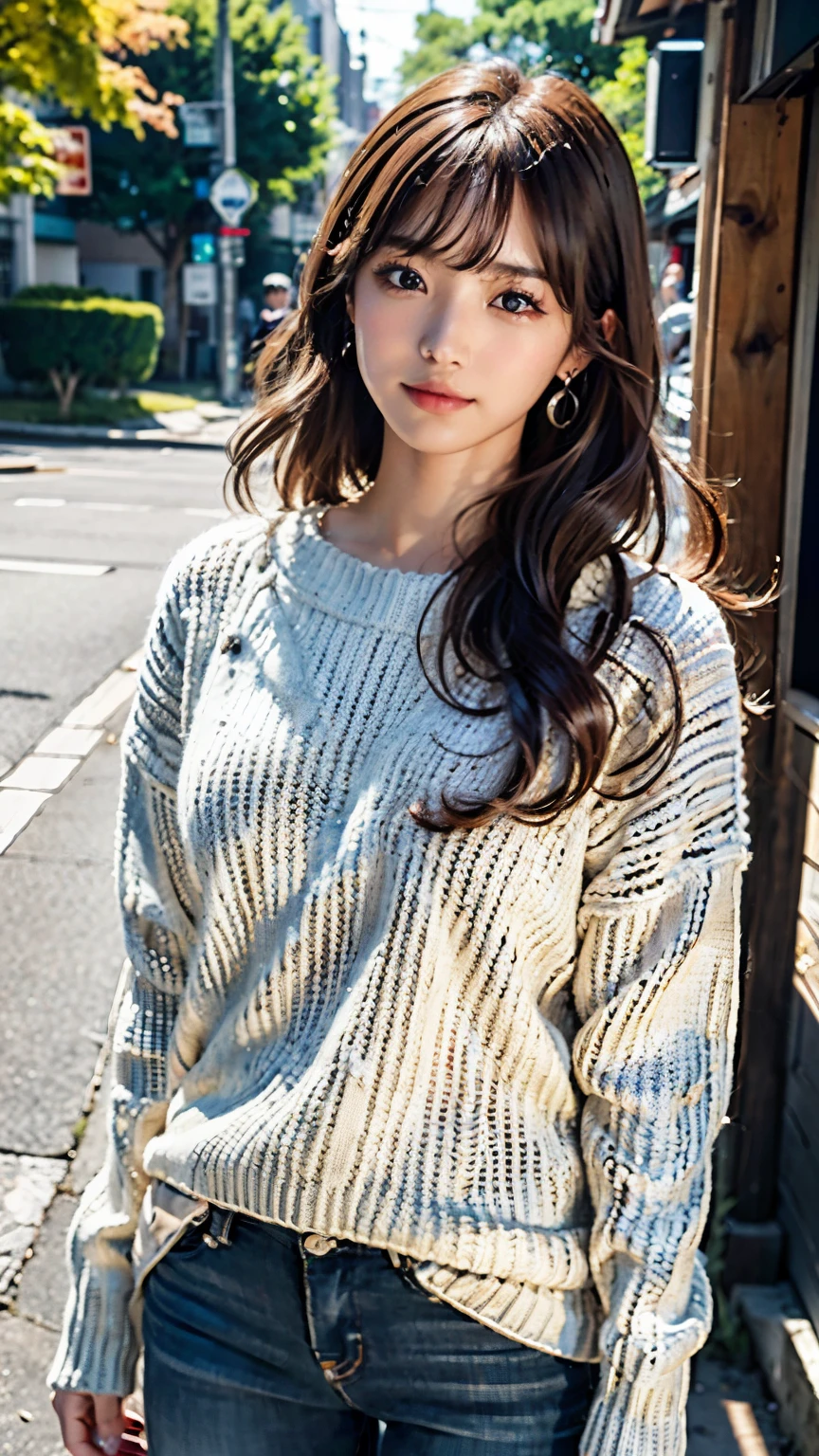 1 girl, Very bright backlight, alone, {Beautiful and detailed},Autumn Day, Calm expression, Natural and soft light, Silver hair fluttering in the wind, Delicate facial features, Blunt bangs, Beautiful Japanese Girl, Eye smile, Very small earrings, 29-year-old, ((Model pose)),(Colorful Hair, half red, Half brown hair:1.2), Fluffy grains, Real Hands, masterpiece, highest quality, Realistic, Very detailed, In detail, High resolution,Brown messy hair, Perfect dynamic composition, Beautiful details, Asian Girl,((Feeling anxious or embarrassed.)),Sharp focus, beauty mix, Film Girl,smile,(Wearing a sexy oversized knit sweater,meanwhile:1.5),Nice ass,Tight jeans,Accurate Arm,Accurate Fingers,