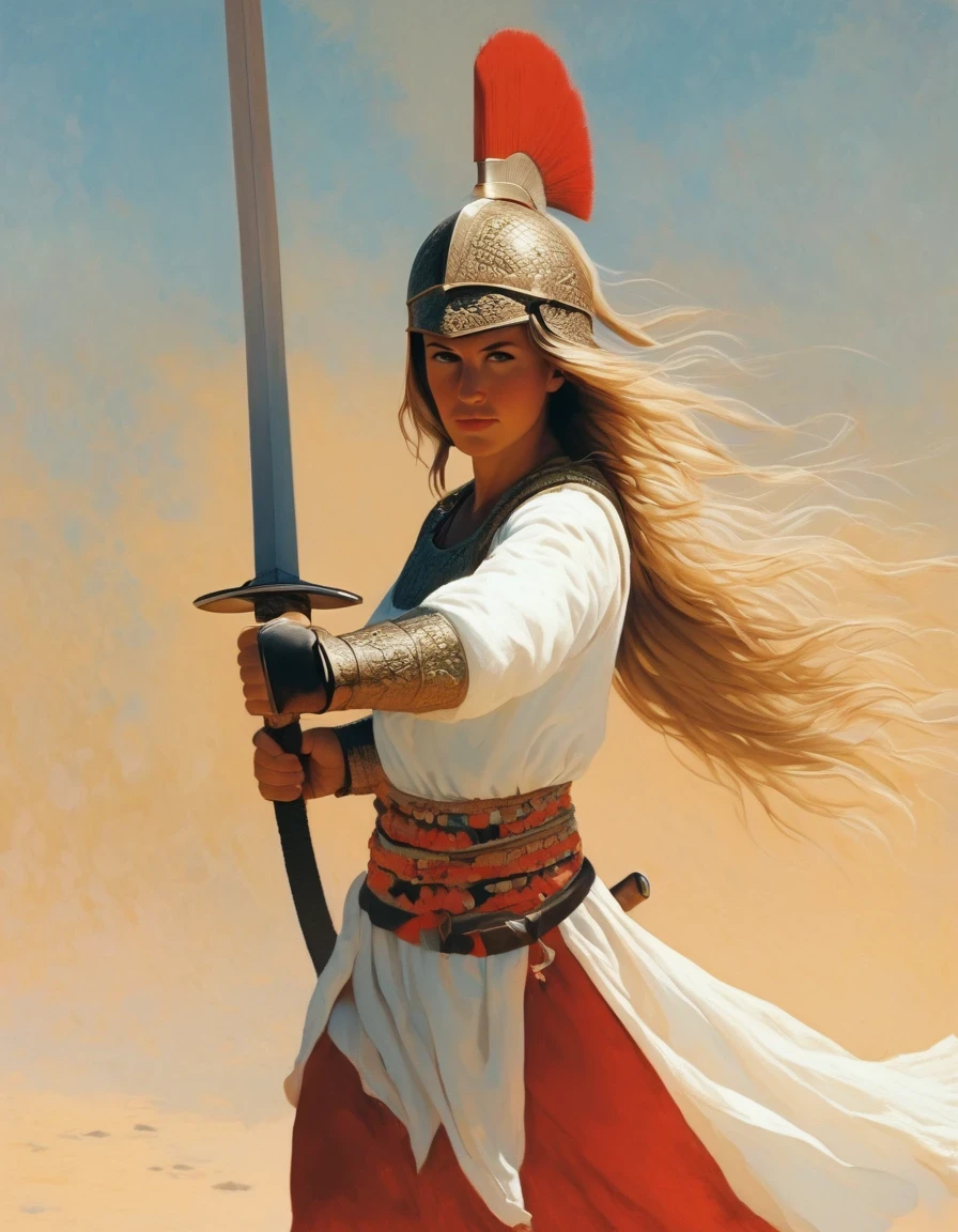in style of Scarlett Hooft Graafland,Sword-wielding female warrior, full body, flat color illustration
