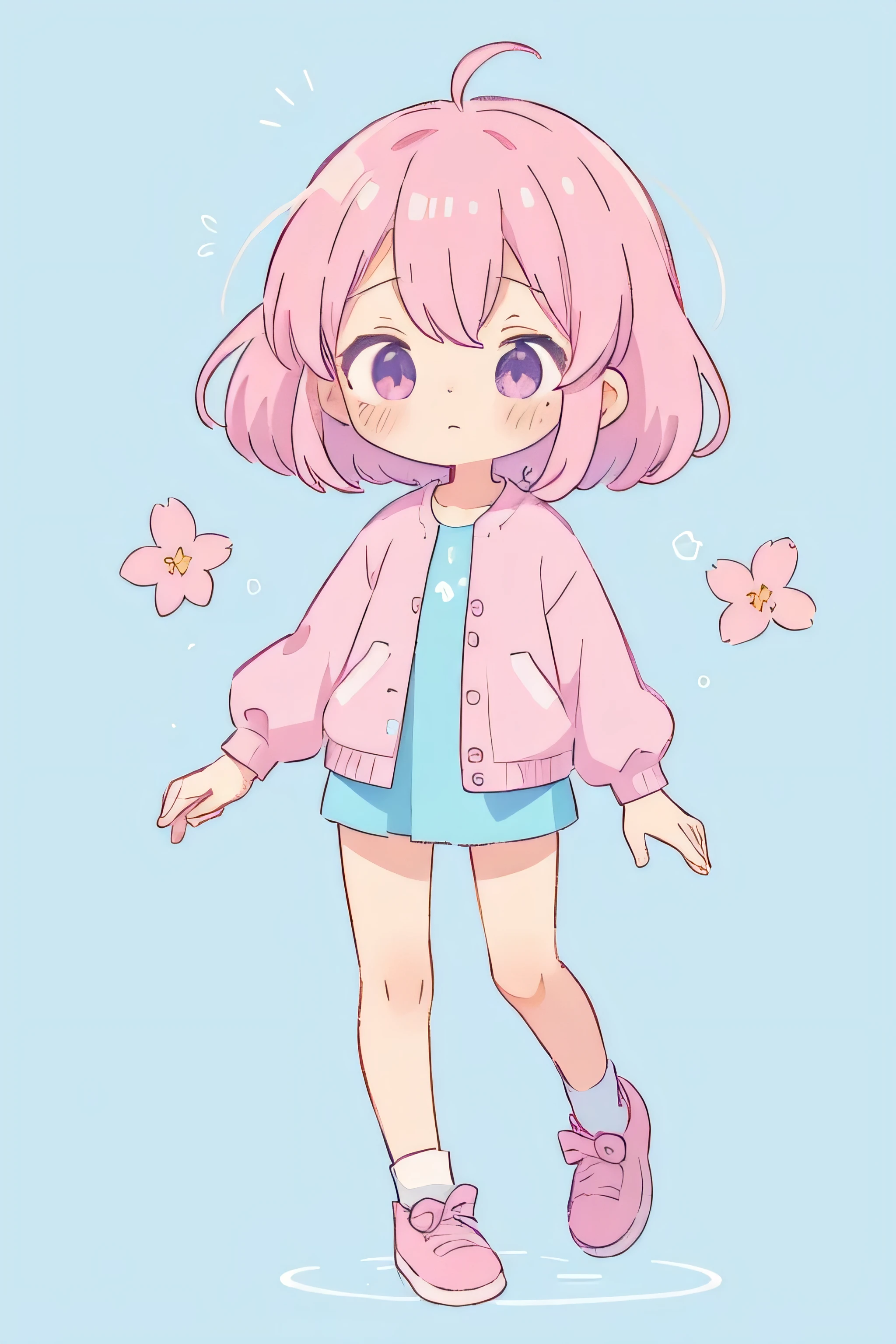 make a named bloom,pink pastel hair,blue shirt,pastel background,shy,blush,full body