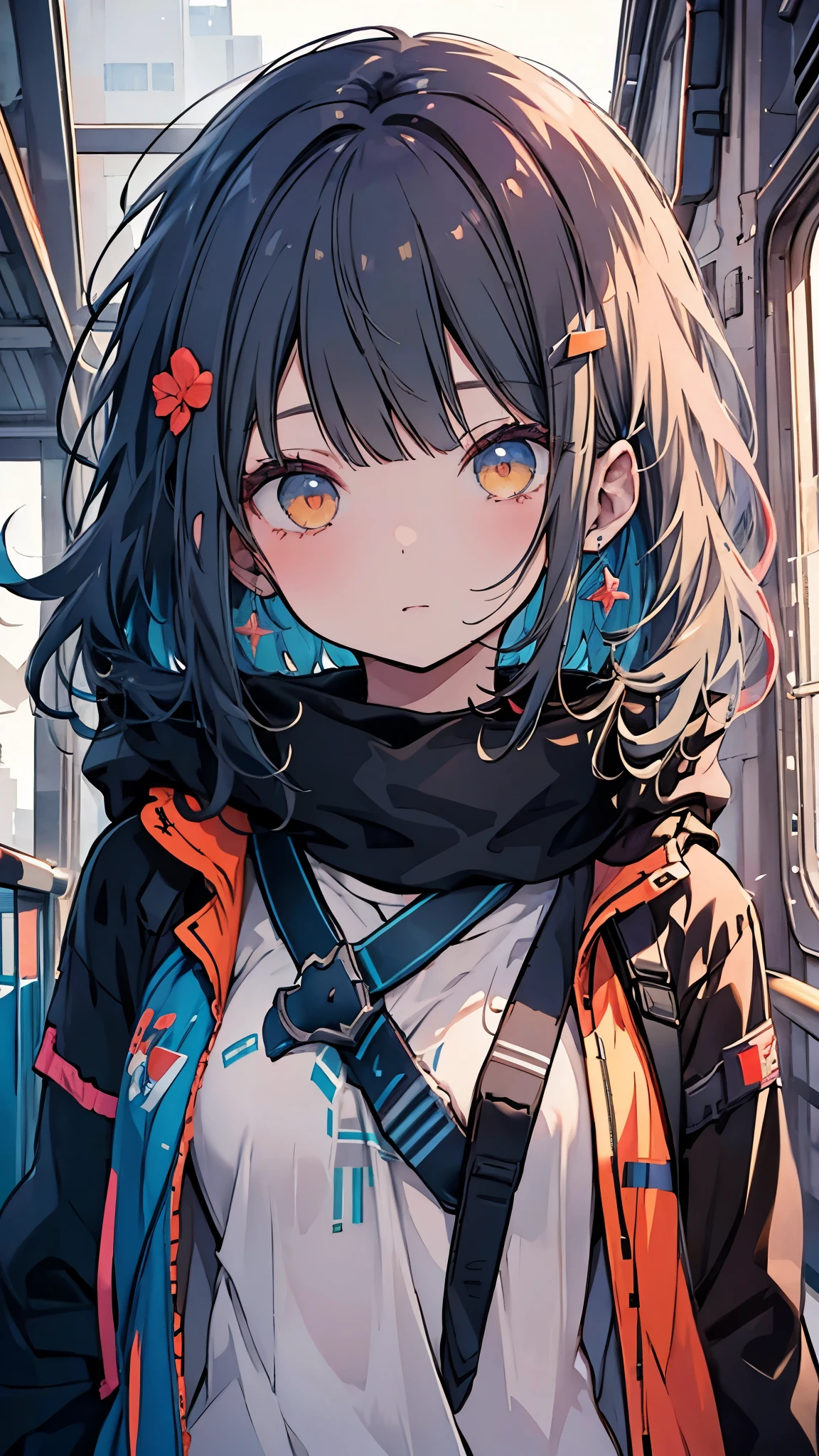 (((nsfw))),A 17-year-old girl wearing a military uniform, Orange Cape, Big hazel eyes, Science fiction, Dark mood, Charterner v2