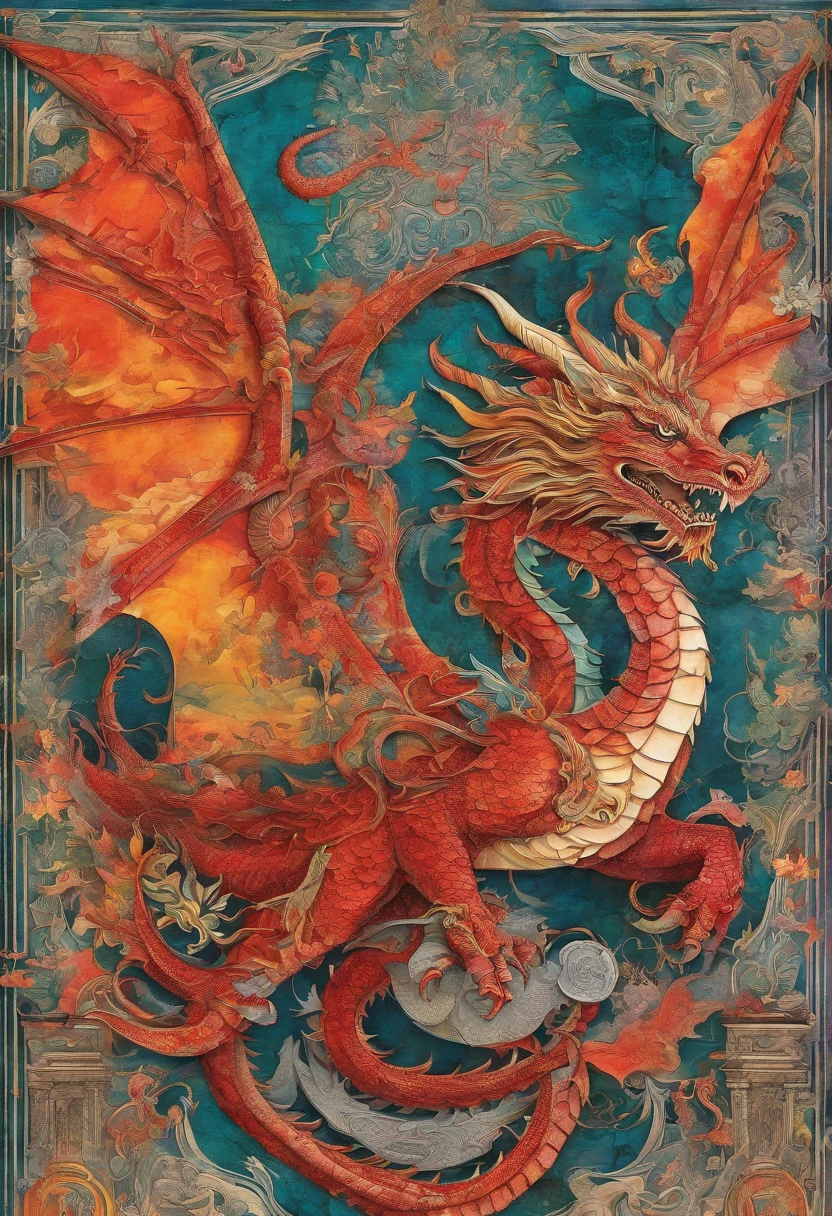 dragon cramoisi écarlate rougeoyant heureux, generous, enthousiaste, joyeux, posture dansante, regard joyeux, grand sourire rayonnant, palace decor, fond soleil rayonnant flammes ::2 colorful ink painting ::2 art fantasy