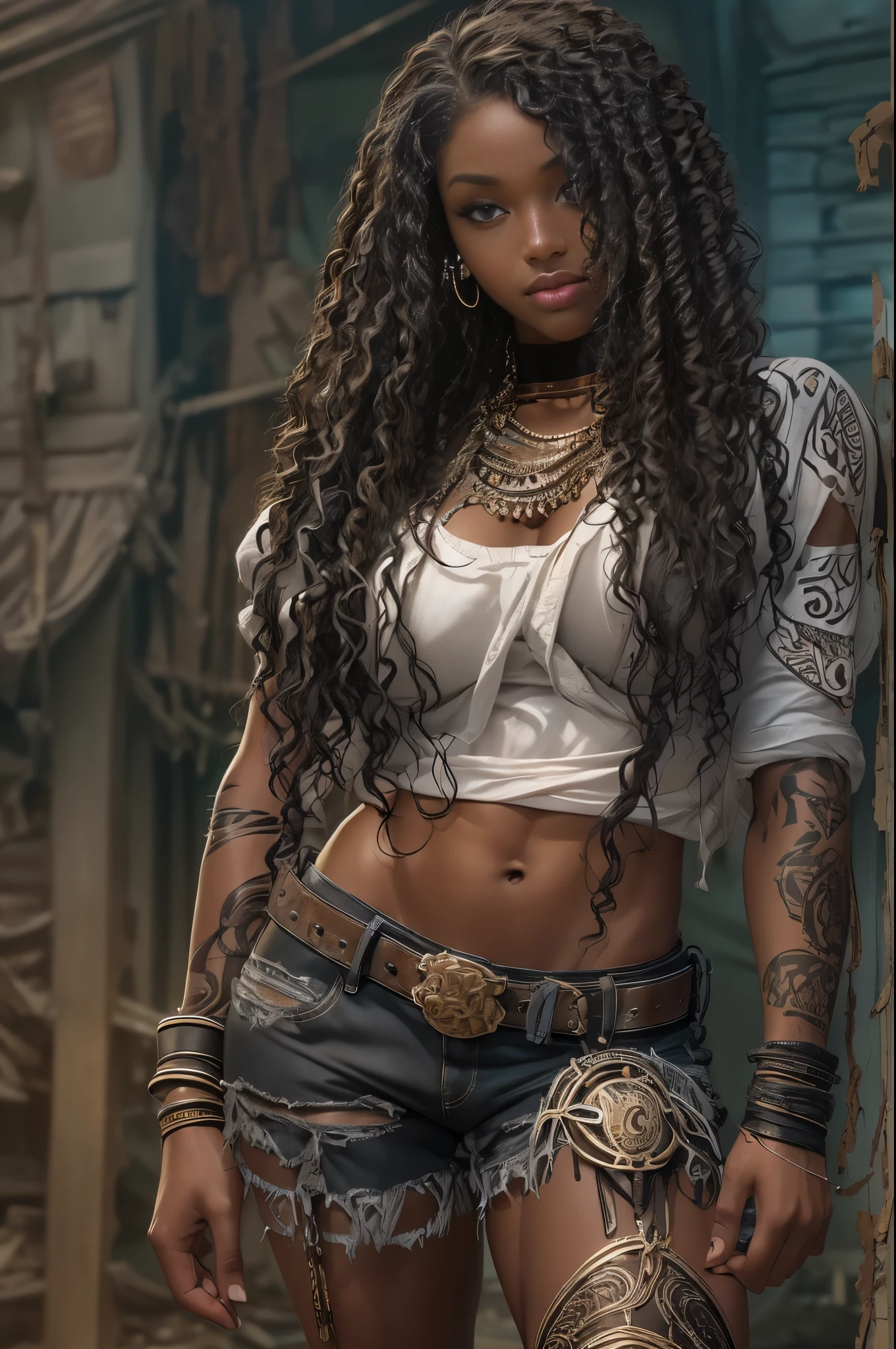 ((21-year-old))) black girl, (((light skin))),  (((close-up full body pose))),  (((long wavy black hair))), (((silk thigh highs with skimpy shorts))), (((wearing post-apocalyptic clothing, short sleeve white shirt, unbuttoned half way))), african tribal tattoo sleeve, dark fantasy art, Rich, Deep Colours, (intricate details:0.9), (HDR, hyper-detailing:1.2), (natural skin textures, hyper realisitc, soft light, Sharp),