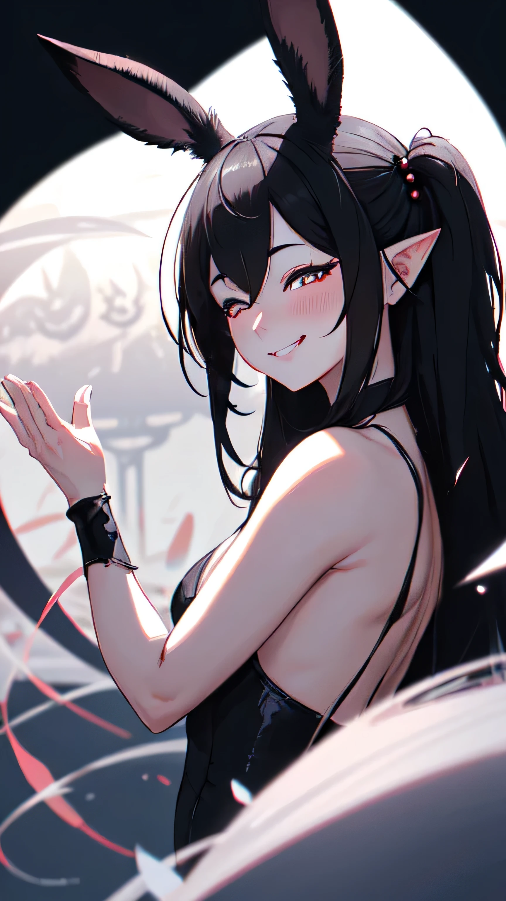 black hair, side view, hair bobbles, wince, longeyelashes, solid circle eyes, fake rabbit ears, light smile, ear blush, Surrealism, drop shadow, anaglyph, stereogram, tachi-e, atmospheric perspective, 8k, super detail, accurate, eyes closed with a smile with fang