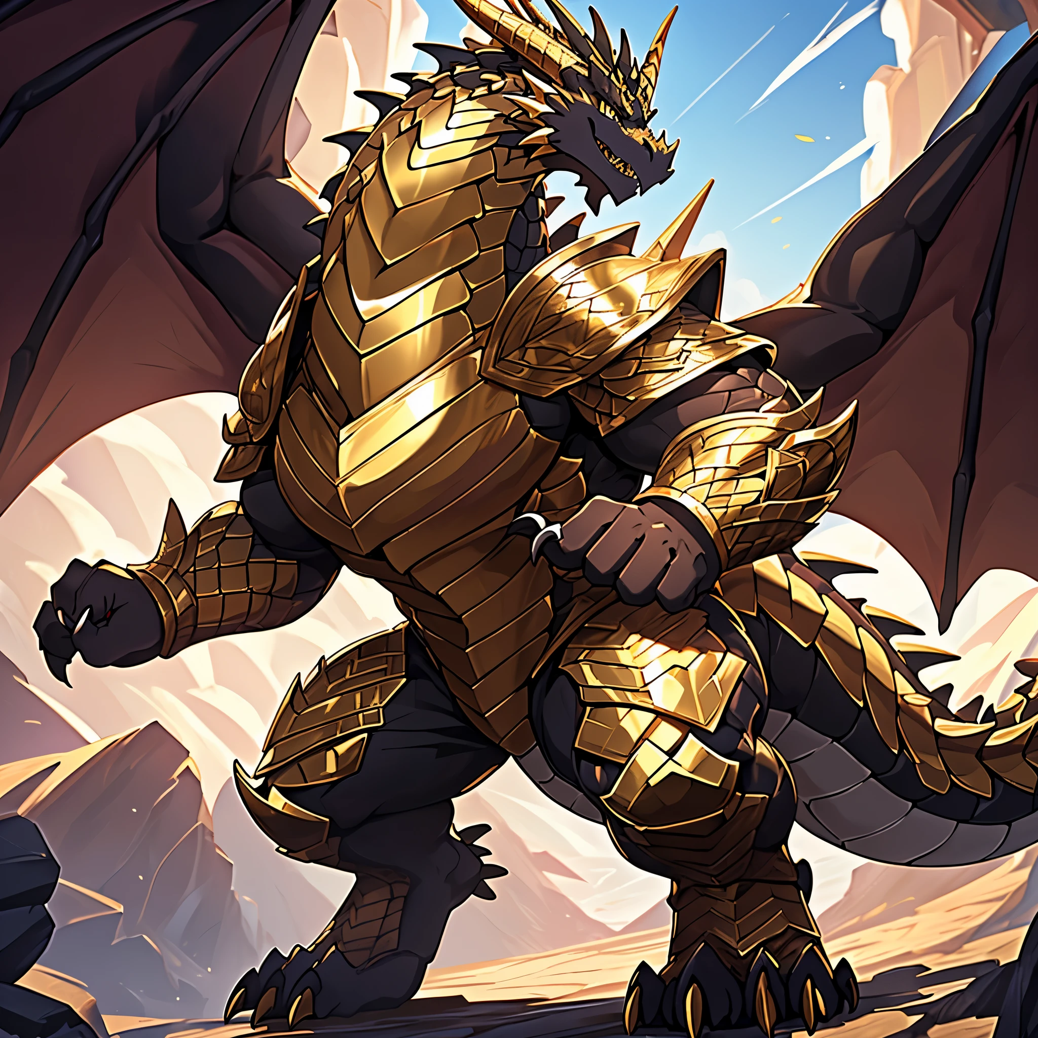 (The violent and powerful Dark Gold Dragon King,Wearing modern black and gold armor,Inlaid with dark gold gemstones:200),Strong physique的龙形恶魔,(Large dragon body,Huge chest,Majestic wingspan,Sharp and huge dragon claws,Thick iron tail,Sharp dragon scales,The huge dark gold dragon king:2),Strong physique,(Dark gold scales,Mighty dragon-shaped demon:2),Dragon legs apart,Dragon wings unfold,The dragon's claws open,Excited grin,Huge mount,Overwhelming presence,Full body picture,Very detailed,4k HD
