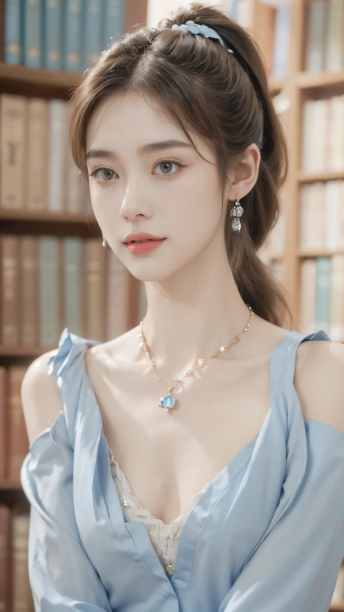 ((((8k))),((Extremely meticulous CG)) ,(wallpaper),16k,((Extremely refined and beautiful)),(((Masterpiece))),(((best qualtiy))),(((Ultra High Resolution))),beautiful light up,realistic shaded,(Smooth and flawless fair skin:1.5),(pale skin:1.3),(Extremely exquisite facial details:1.2),(perfect body:1.1),(ultra-detailed:1.5),((A beautiful girl,solo)),(small head:1.2),(short ponytail:1.3),(slender face:1.3),(Exquisite makeup:1.2),(blush:1.3),(earings:1.2),(necklace:1.2),((slim,thin)),(laughing:1.2),(happy:1.2),(small breasts:1.2),(flat chests:1.2),(light-blue collared shirt:1.3),(shoulder off:1.3),(cleavage:1.3),(day scene:1.2),(dim light:1.3),(indoor:1.2),(in the library:1.3),(Beside a bookshelf filled with books:1.2),(detailed background:1.5),(standing:1.3),(arms behind back:1.3),(close-up of face:1.3),(from front:1.3)