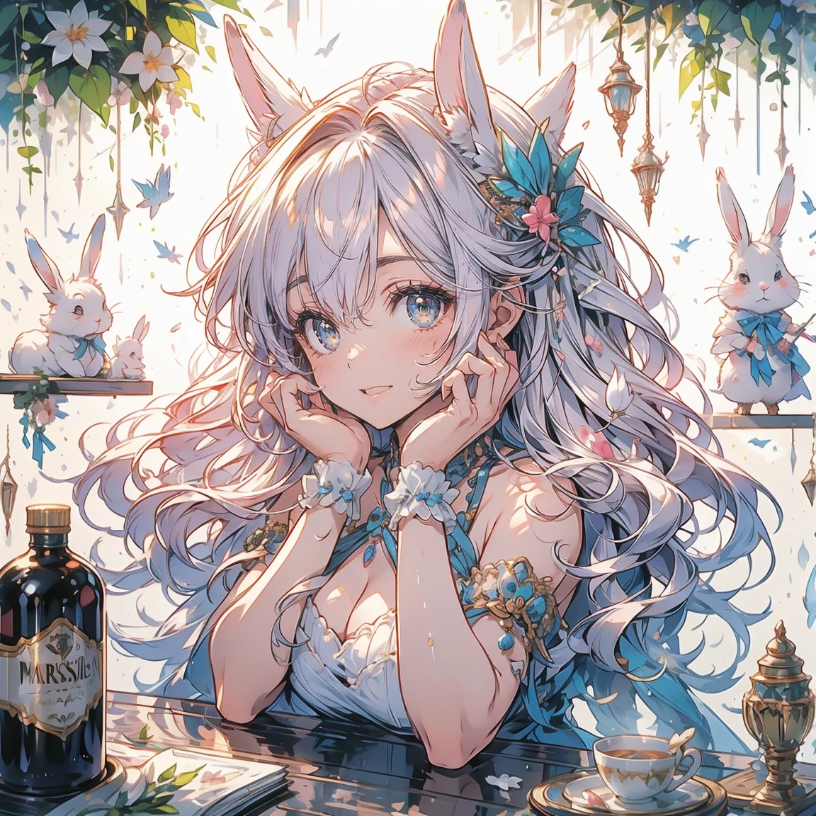 (Exquisite, beautiful, Very detailed, masterpiece, high quality,High resolution),(Well-formed face,Soft thin lines: 1.2,),(A girl with a rabbit motif,Fluffy floppy ears and a big bunny tail,Wear fluffy gloves and socks,very little girl),Happy and relaxed on a fluffy cloud,Fluffy and soft lace clothing, frills and ribbons,beautiful毛並み,barefoot,(Short eyebrows,Pale pink blush, Plump pink lips,Small Nose,Double teeth,When I laugh, Canine teeth visible,Eye of the Beast,Quite large and fluffy bust,Open chest,Fair skin, Good style),Bright colors,Eye-catching colors,Dynamic Angle,defenseless,The hair is fluffy and soft
