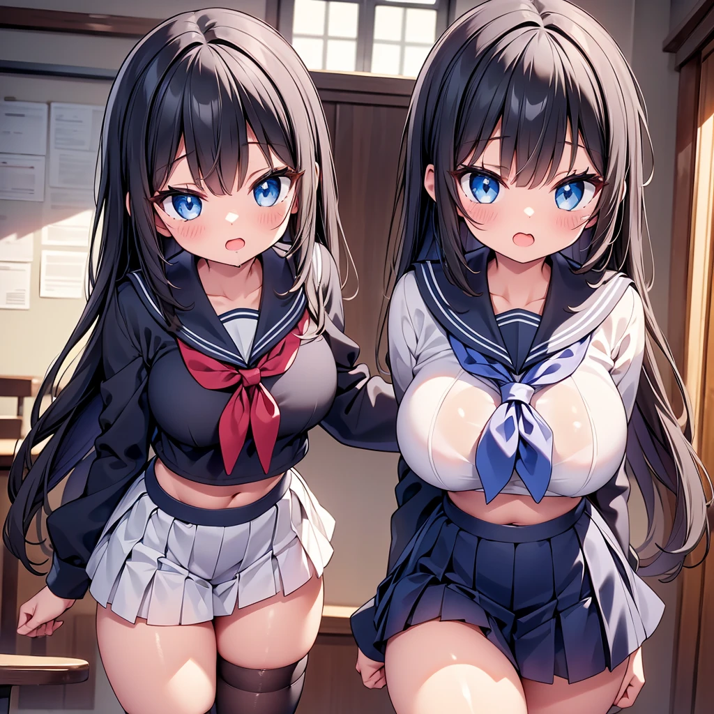 (cute eyes:1.2), (sparkling eyes:1.2), highest quality,wonderful,finely,extremely detailed CG Unity 8K wallpaper, (Stand in line:1.2), (3 girls, sailor uniform, clothed), (huge breasts), (open mouth:1.1), (long tongue:1.1), (mouth drool:1.1), (black stockings:1.1),(Thighs:1.3),(Waistline:1.1),(midriff peek:1.1)