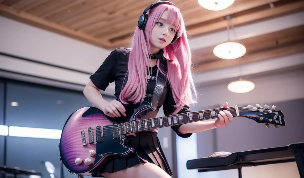 ((masterpiece,highest quality))One girl, one person, Black Skirt, blue eyes, electric guitar, guitar, Headphones, musical instrument, Long Hair, , music, One side up, Pink Hair, guitarを弾く, Pleated skirt,  indoor