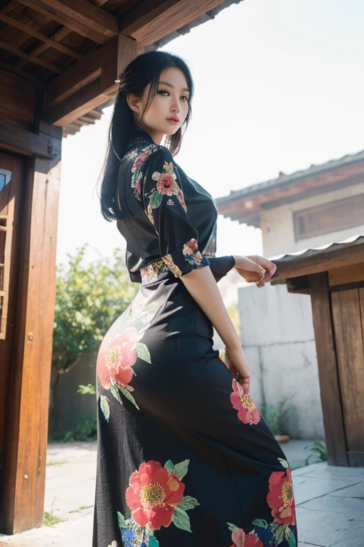 a beautiful girl in vintage colors aodai, masterpiece ,(Dye painting) ( Black color dress ) wrapped in a large flower print( flower silk ..... with ) best quality, realistic:1.3, street, cyberpunk, holding bundle of adubon sunlight, backlighting, (well pper Adhere to clear natural light hdr))full budy, big ass (Remove extra limbs, remove accurately) intricate scene, artstation, intricate details, vignettefulbudy(cartoon)