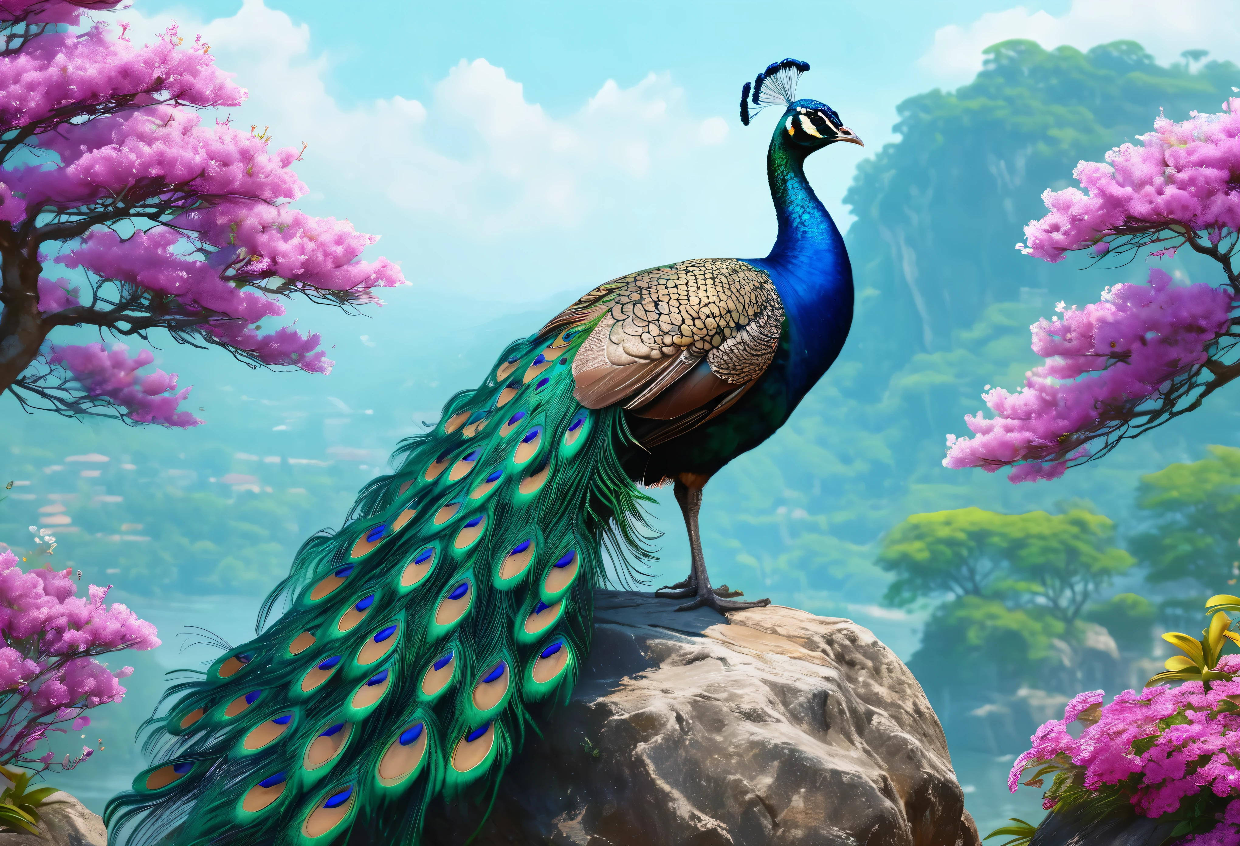 Peacock standing on a rock with flowers and trees in the background, Beautiful digital artwork, 4k Highly detailed digital art, 8k high quality detailed art, Beautiful art UHD 4K, Highly detailed digital painting, Beautiful digital art, Highly detailed digital art, Beautiful digital painting, very Beautiful digital art, Highly detailed digital artwork, Peacock