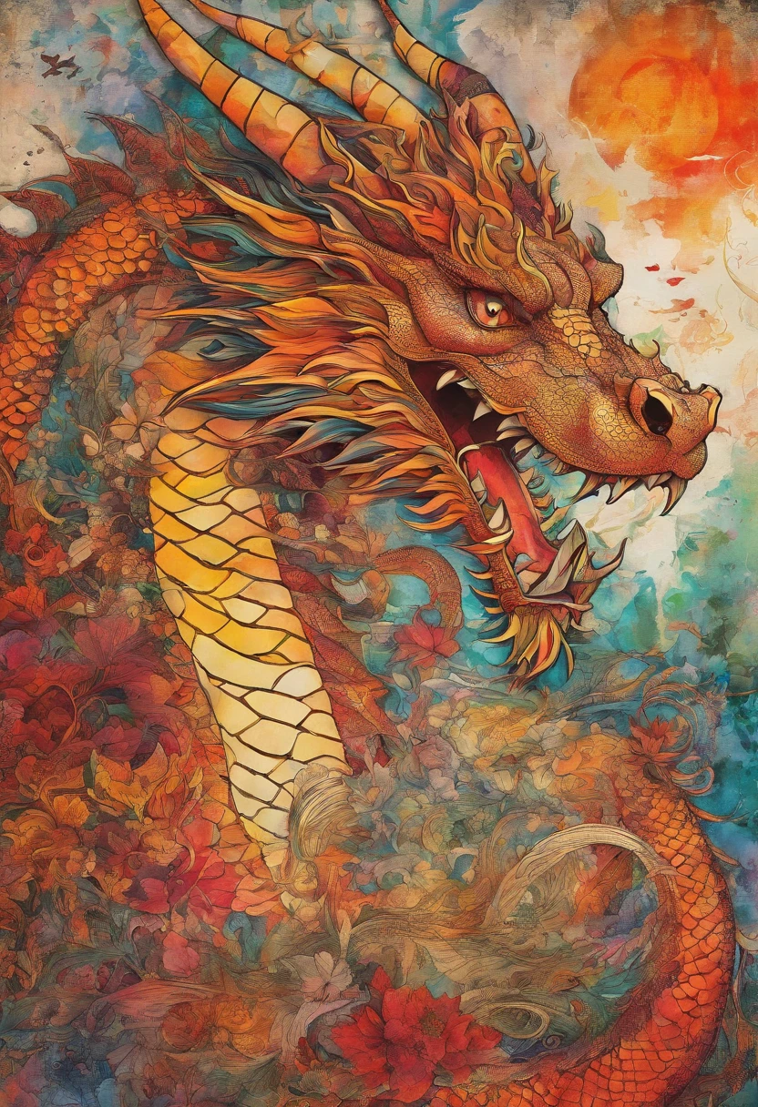 dragon cramoisi écarlate rougeoyant enthousiaste joyeux, posture dansante, regard joyeux, grand sourire rayonnant, fond soleil rayonnant flammes ::2 colorful ink painting ::2 art fantasy