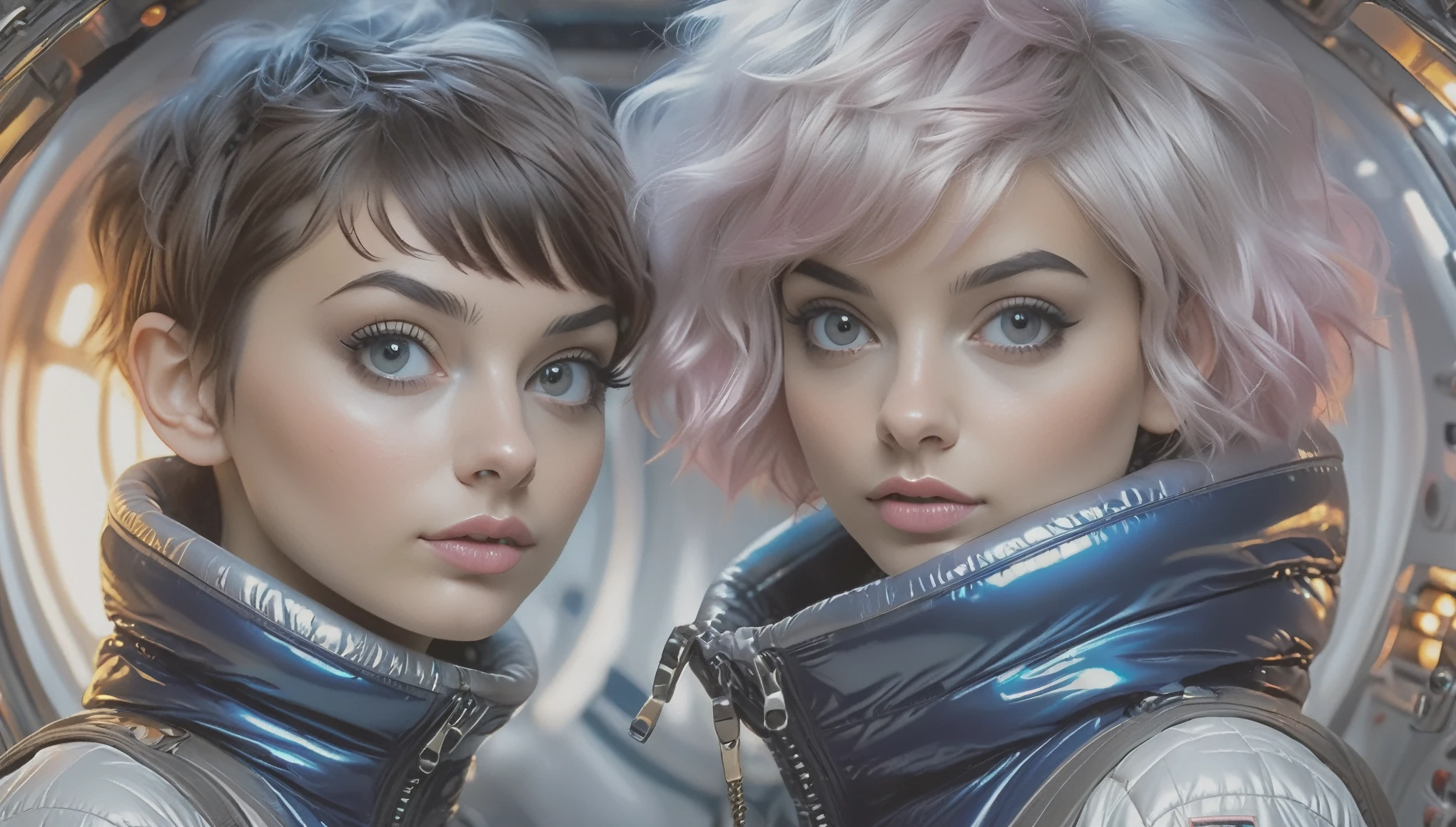 Masterpiece, Best Quality, ((two girls in open shiny puffer, no makeup, small perky breasts, extremely detailed face, beautiful detailed eyes, beautiful detailed lips, short colored pixie hair, small hips, unsecure expression, enticing, in a spaceship))