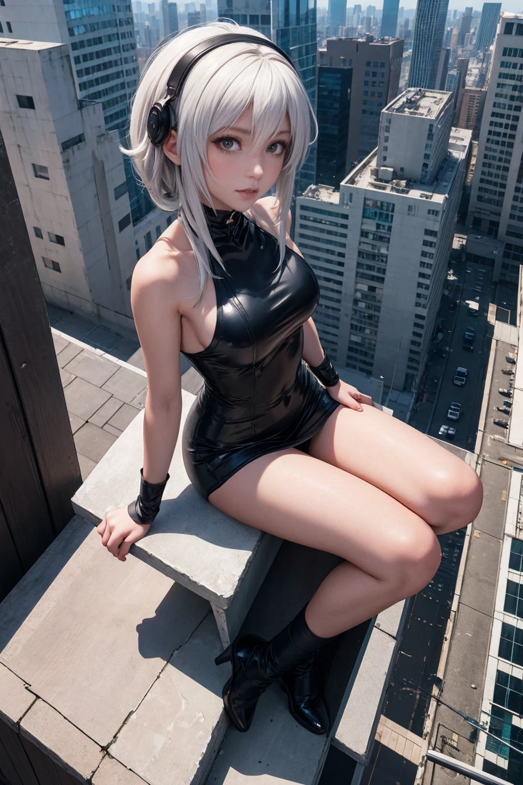 a woman sits on a ledge above the city, anime girl in real life, anime girl cosplay, sitting on the roof of a skyscraper, soaring above a dense city, Over the city, anime-style, mixed with Fujifilm, Kantai style collection, 2p, Sitting on the roof, 2 p, very detailed shot of the giantess, cosplay photo, white hair floats in the air