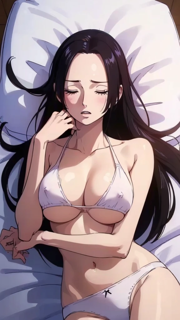 (((masterpiece))), (((highest quality))), ((Super detailed)), (Highly detailed CG illustrations), Boa Hancock, 　（（Falling on one&#39;s back））　, (masterpiece:1.5),Close ~ eyes, (topless),　　(((Perfect nipples)))　　,Detailed Photos, ,whole body, , (highest quality: 1.4), (1 girl), beautiful Face, , （beautiful黒髪）, (Slender body）, beautifuls detalles ojos, (((White panties))),(Realistic Skin), Troubled eyebrows,beautiful肌, Disorganized, Charm, 超High resolution, High resolution, , Pinkish white skin, Cool white light,　((Lie down in bed))　, beautiful , White Background, pink soft white light,lleva un ,，(Closed Eyes)，big breasts,（（Troubled expression））, （Closed eyes:1.4)，Look at the camera, 