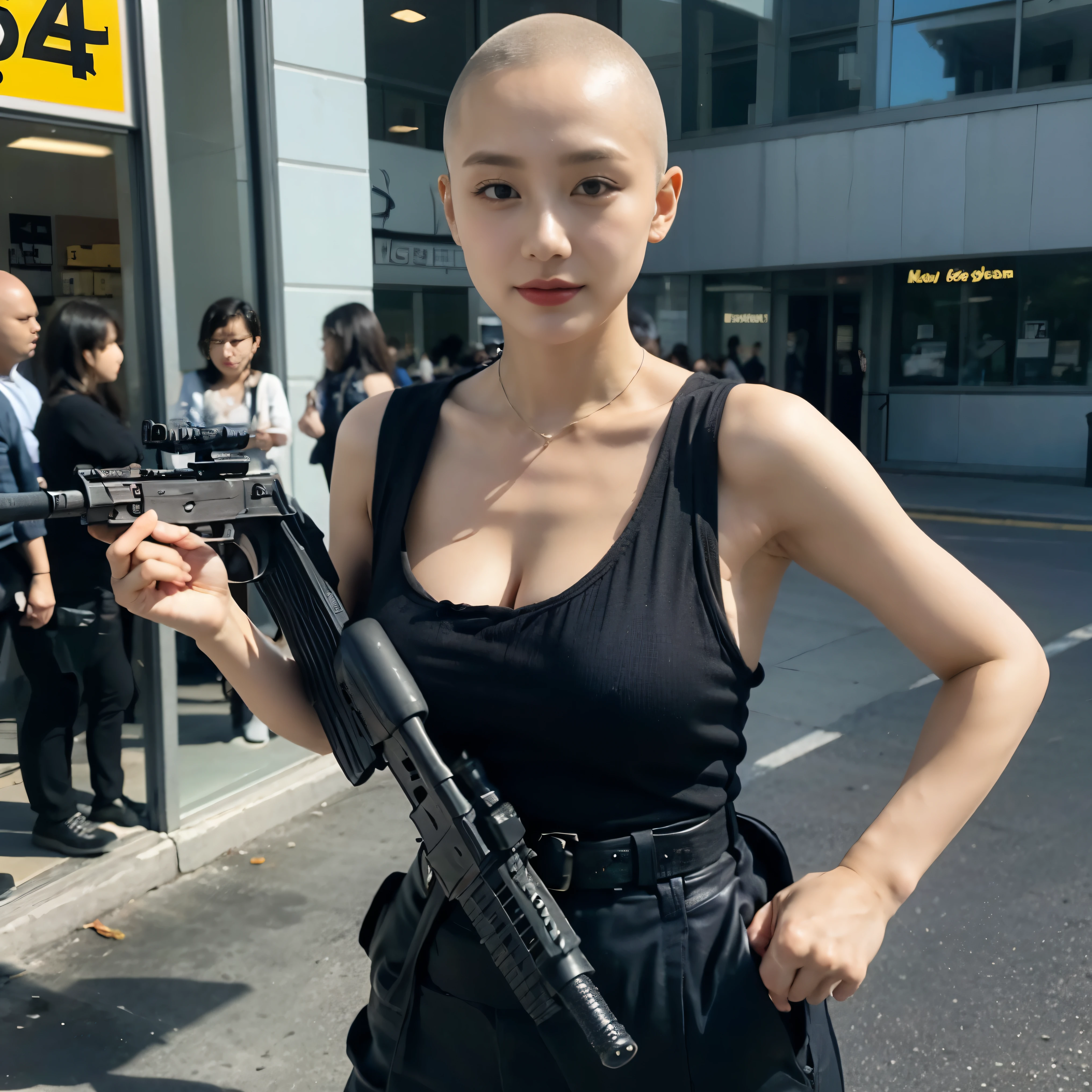 A beautiful nun、Wearing a nun:1.3、Cowboy Shot、Big Breasts、(Skinhead:1.5)、(Aiming the Groza assault rifle at the viewer:1.67)