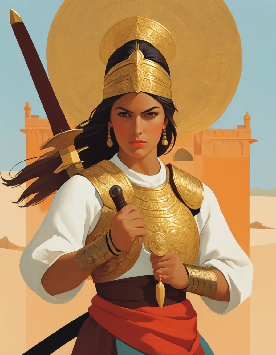 in style of Scarlett Hooft Graafland,Sword-wielding female warrior, full body, flat color illustration 