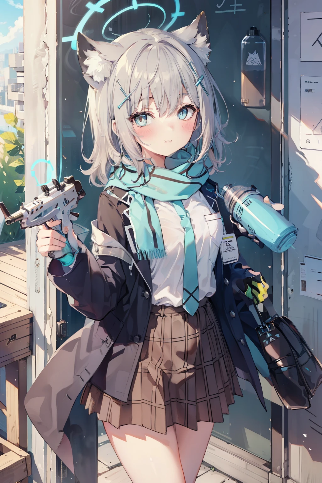 Sand Wolf Shiroko、Good looking girl (blush, Perfect Face), independent , Looking at the camera, masterpiece, Anime art style, Cute Characters, Most detailed, high quality、Nico Nico Smile、has a white gun