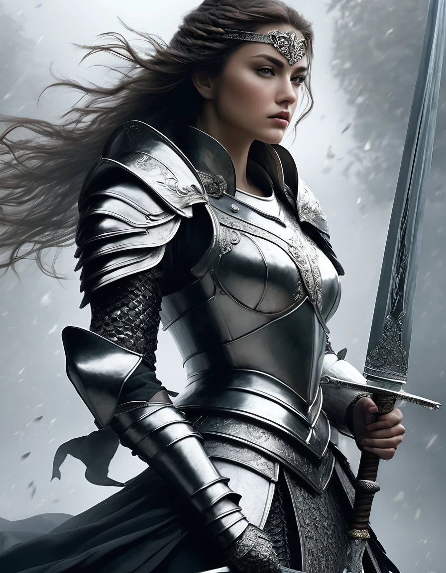 (best quality,4k,8k,highres,masterpiece:1.2),ultra-detailed,(realistic,photorealistic,photo-realistic:1.37),in style of Scarlett Hooft Graafland,side view,Sword Warrior,ink art,warrior,graceful pose,dramatic lighting,black and white,contrast,highly detailed ink lines,delicate ink texture,subtle ink shading,ethereal atmosphere,unique composition,artistically crafted background,elegant figure,fierce expression,flowing hair,sharp facial features,emotive eyes,majestic presence,ceremonial armor,sword held with precision,strikingly decorative elements,enchanting aura,intense gaze,showcasing strength and vulnerability,sublime and captivating artistry