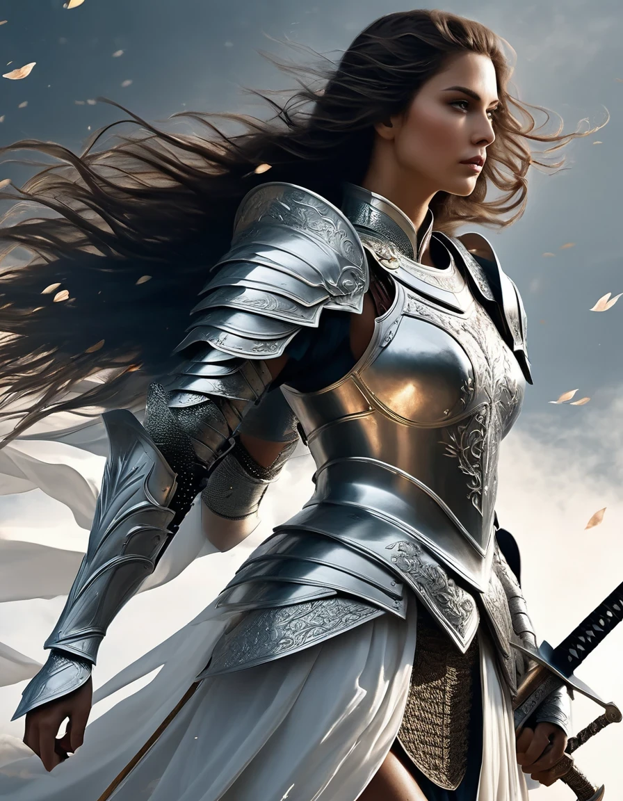 (best quality,4k,8k,highres,masterpiece:1.2),ultra-detailed,(realistic,photorealistic,photo-realistic:1.37),in style of Scarlett Hooft Graafland,side view,Sword Warrior,ink art,warrior,graceful pose,dramatic lighting,black and white,contrast,highly detailed ink lines,delicate ink texture,subtle ink shading,ethereal atmosphere,unique composition,artistically crafted background,elegant figure,fierce expression,flowing hair,sharp facial features,emotive eyes,majestic presence,ceremonial armor,sword held with precision,strikingly decorative elements,enchanting aura,intense gaze,showcasing strength and vulnerability,sublime and captivating artistry
