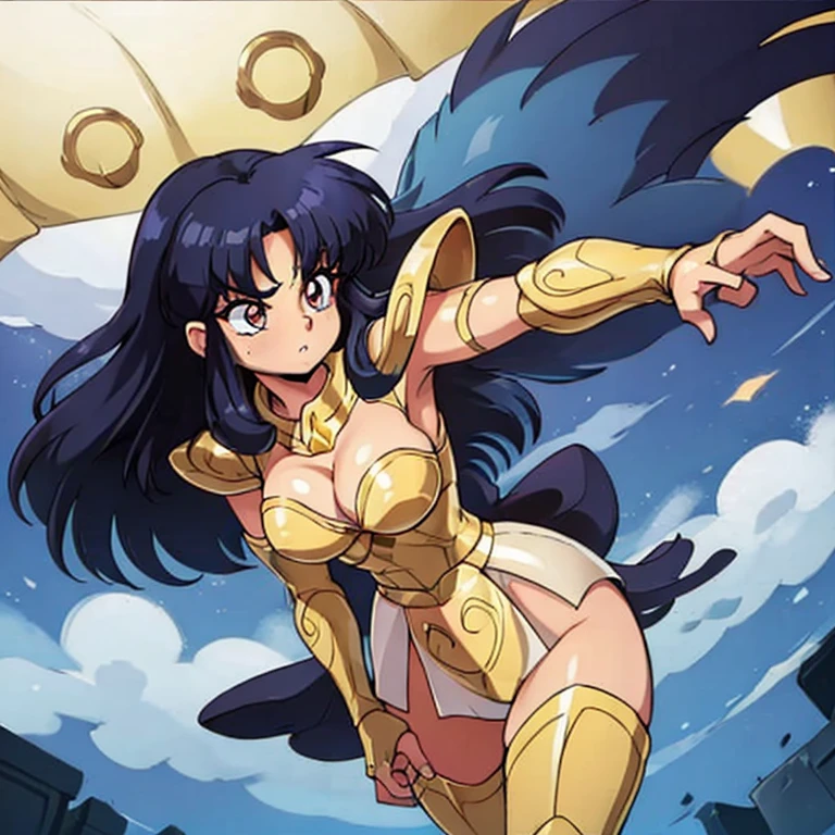 Akane tendo, cabello azul, Cabello corto, ojos azules, ojos detallados, cara de placer, muslos, pechos grandes, cuerpo completo, pose vulgar, vulgar, pechos vulgares, escote muy grande, senos grandes, armadura dorada, Saint Seiya Zodiac, Zodiac Sagittarius gold Armor, armadura brillante, sexy Armor, pose sexy Cleavage Bulge, bursting Breasts, Spilling Out