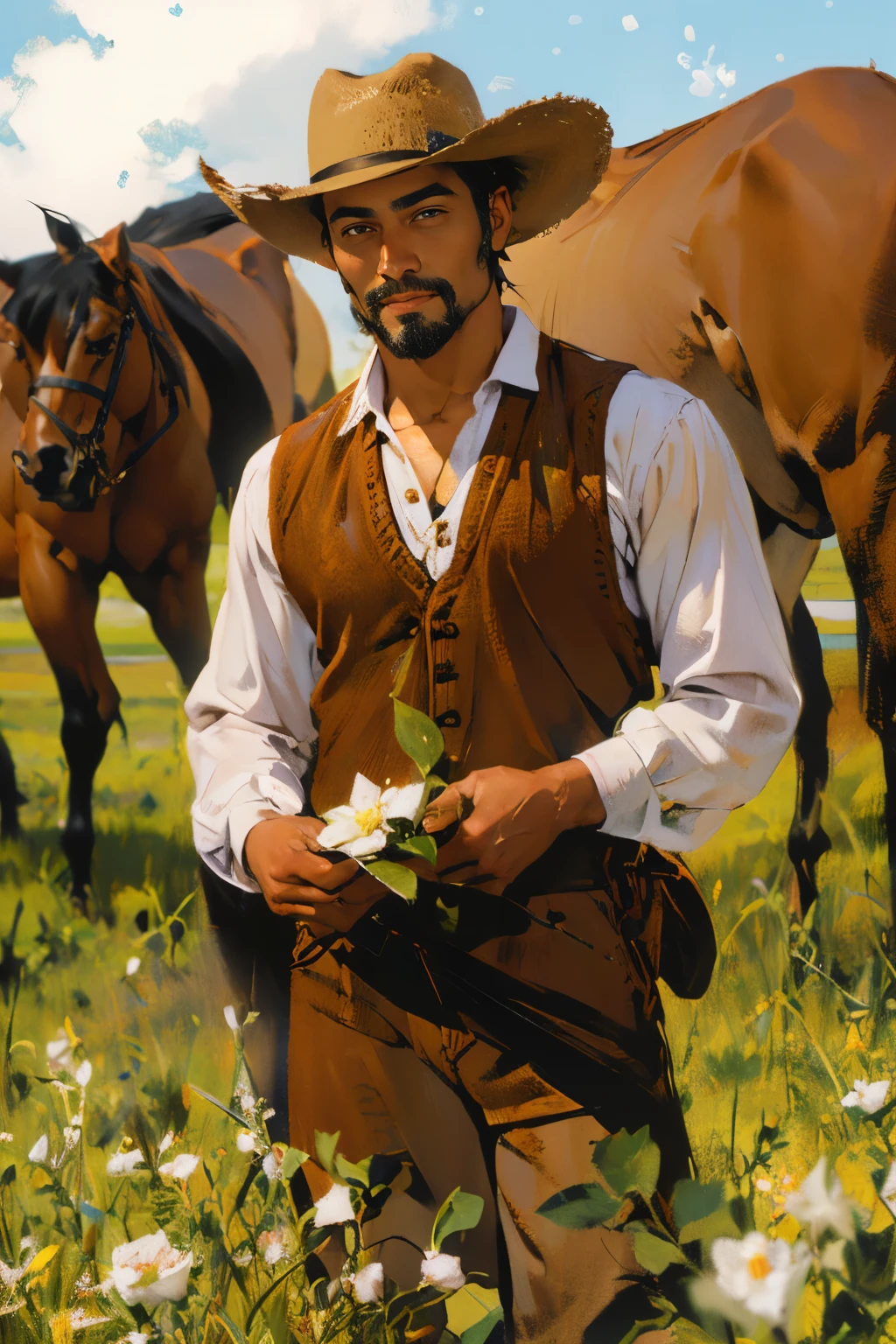 lone male cowboy holding wild roses on a field, brown attire, filipino american, handsome face, light facial hair, medium length hair, light brown cowboy hat, mullet
