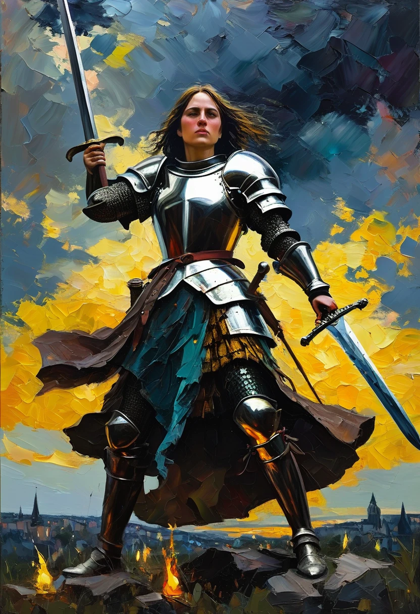 Joan of Arc with a sword, 13th century Orleans ((Craig-Mullins style)), dark impressionism, ((Palette knife for oil painting)), ((tmasterpiece)), Single Shot, Impression, Extreme Detail, perspective, 8K