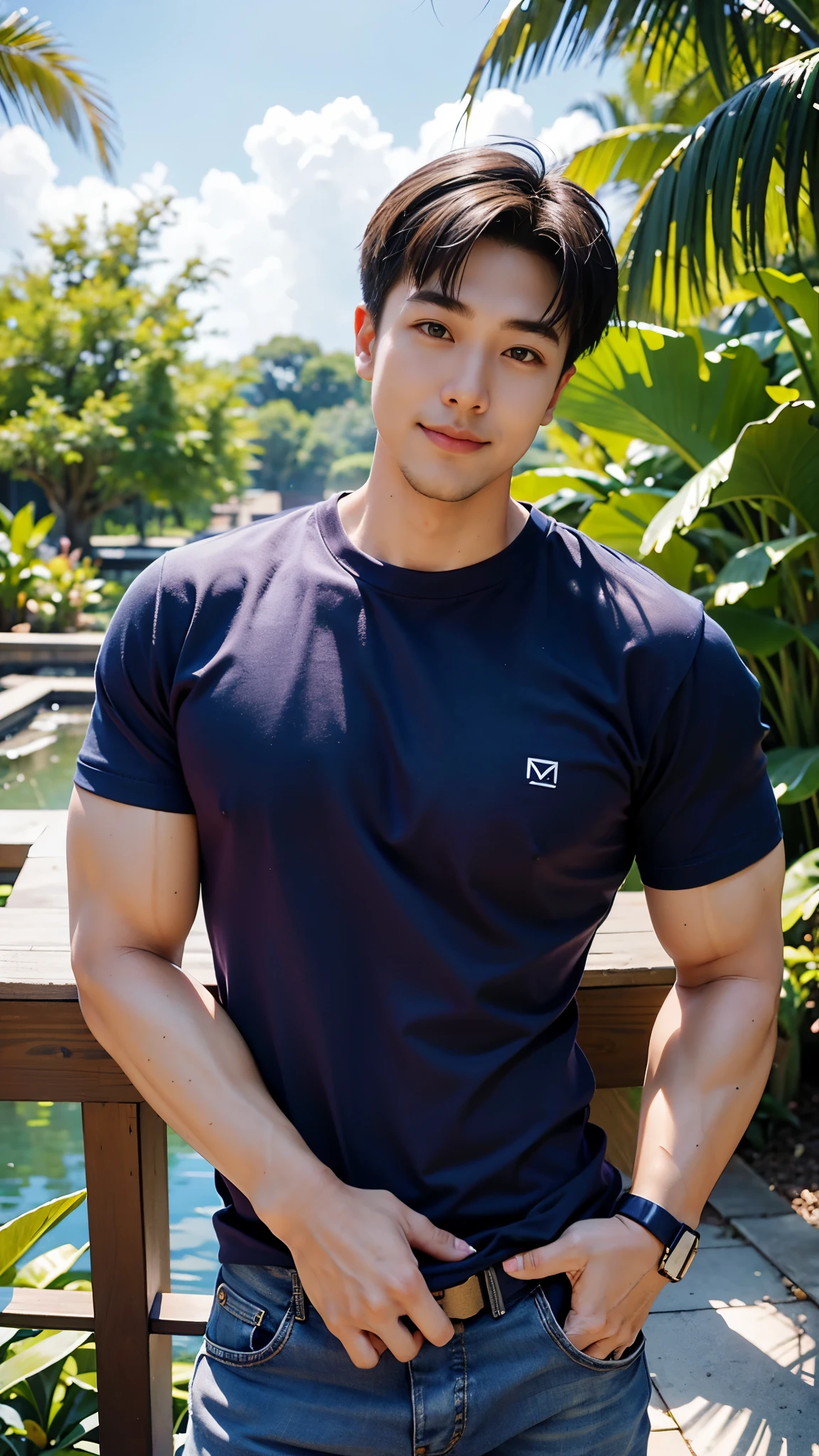 1 male model, smile, (Wear a navy round neck T-shirt.), Jeans, Korean people , korean men, (high glossy details), looking at the audience, Balancing the eyes, chest muscles, large arm muscles, The backdrop is a garden.
