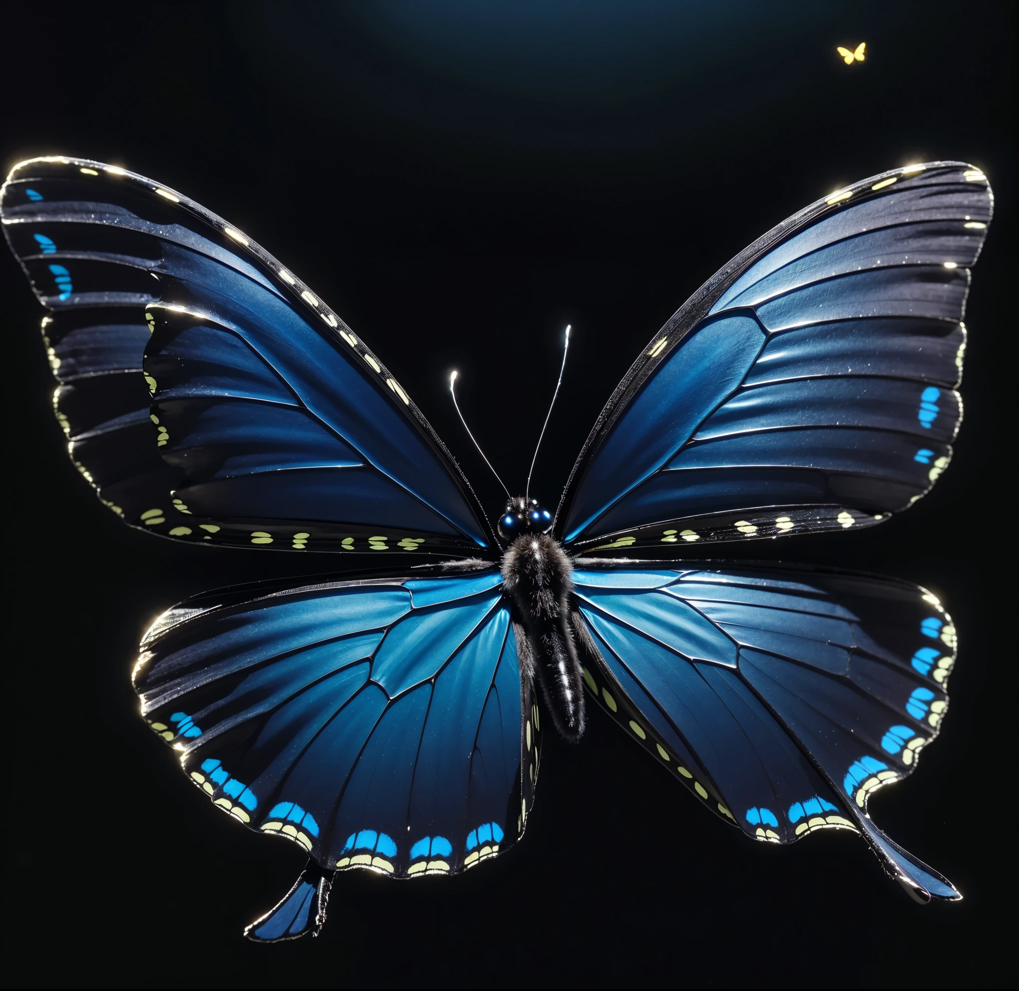 Butterfly with blue wings and black wings and a black background, glow的藍色Butterfly, Butterfly, harmony of Butterfly, Butterfly wings, Exquisite and handsome wings, 发光的Butterfly, photo of a mechanical Butterfly, Butterfly lighting, sapphire Butterfly jewellery, glow，Very detailed, Beautiful digital art work, Beautiful open wings, Beautiful black blue yellow, has beautiful wings, Realistic illustration