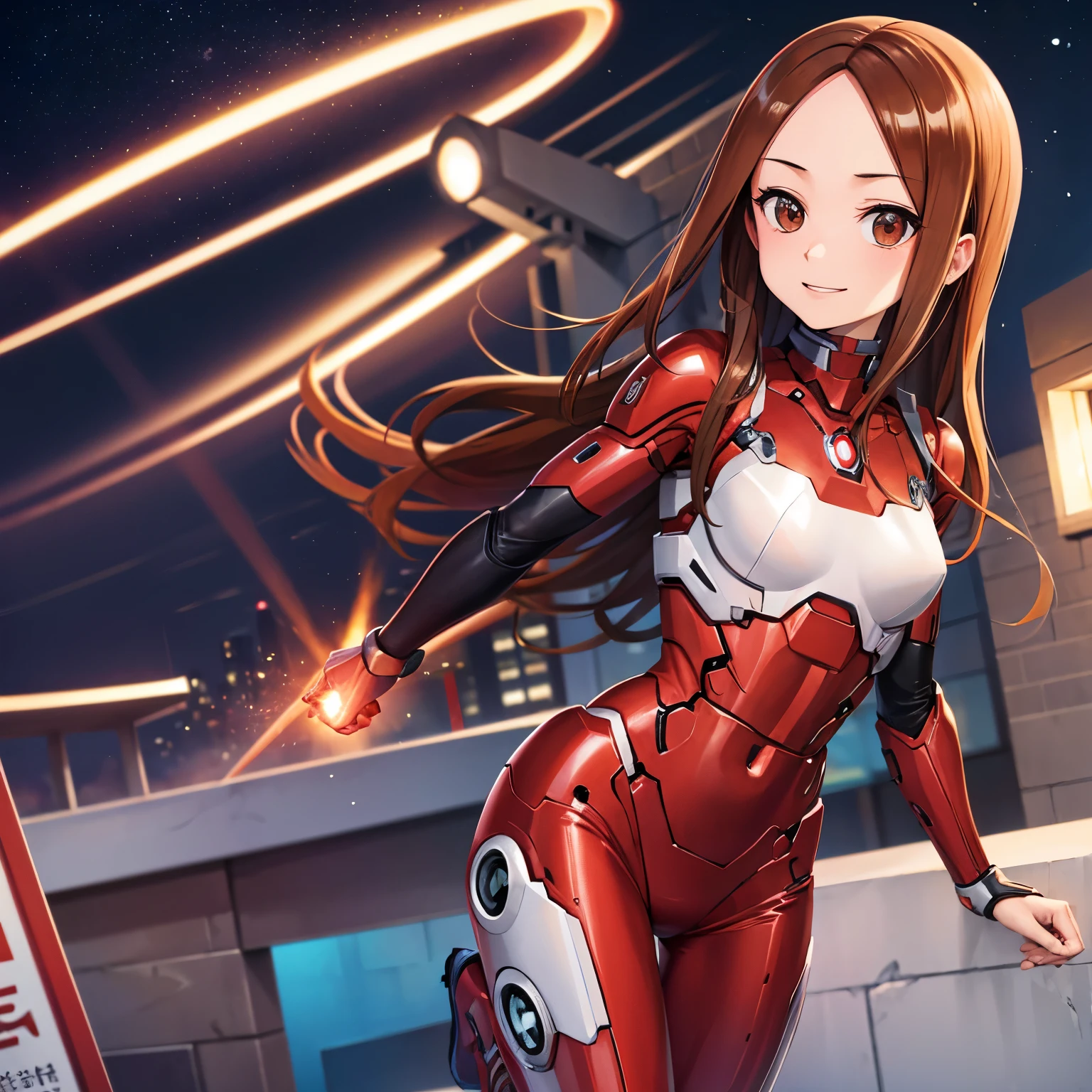 Takagi girl ,  body,  long hair smug smile provocação, ironman armour,  city night,  hero stily . 