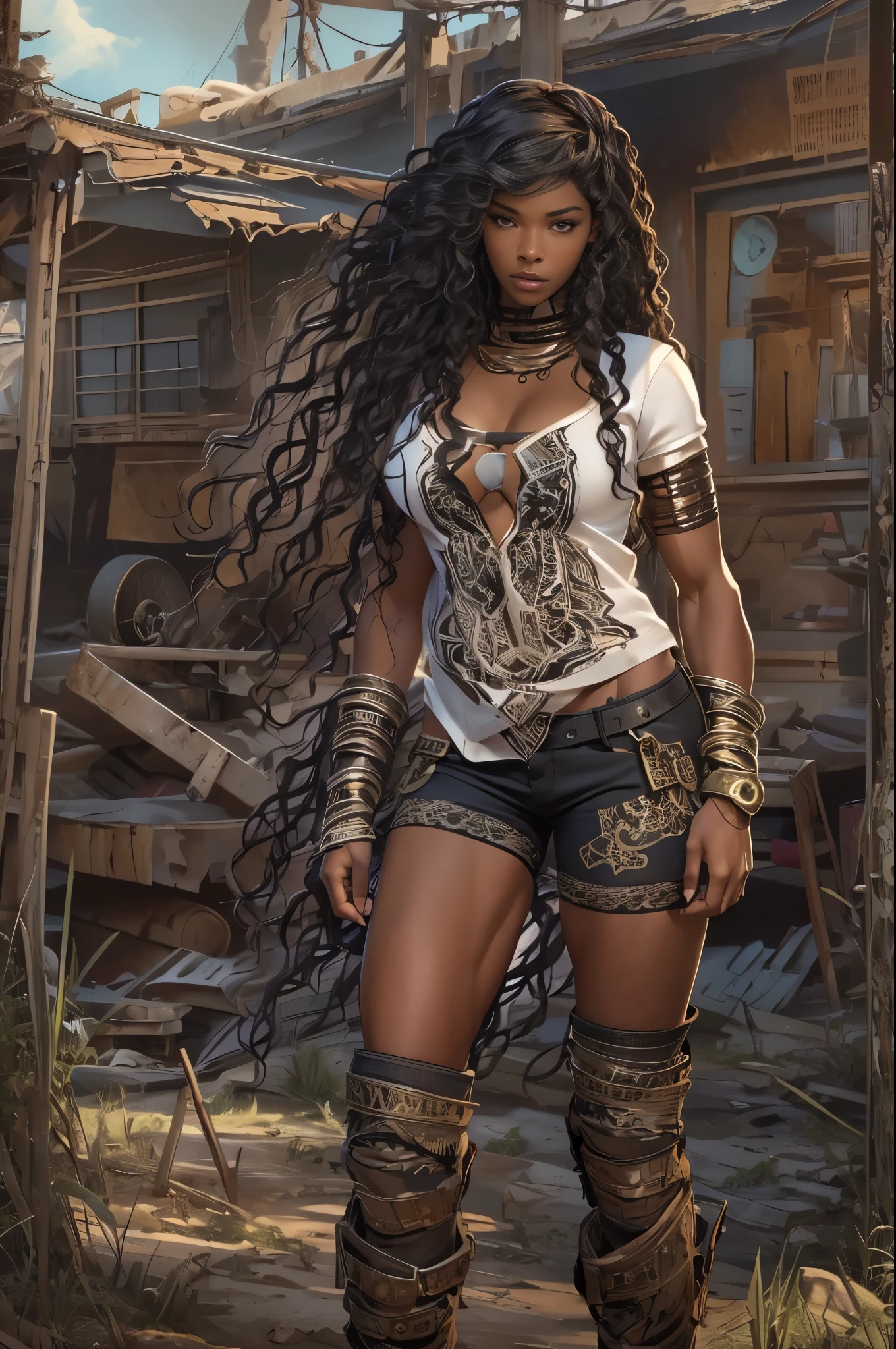 ((21-year-old))) black girl, (((light skin))),(muscular body:1.5), (((close-up full body pose))), (((long wavy black hair))), (((silk thigh highs with skimpy shorts))), (((wearing post-apocalyptic clothing, short sleeve white shirt, unbuttoned half way))), African tribal tattoo sleeve, dark fantasy art, Rich, Deep Colors, (intricate details), (HDR, hyper-detailing:1.2), (natural skin textures, hyper realistic, soft light, Sharp),()