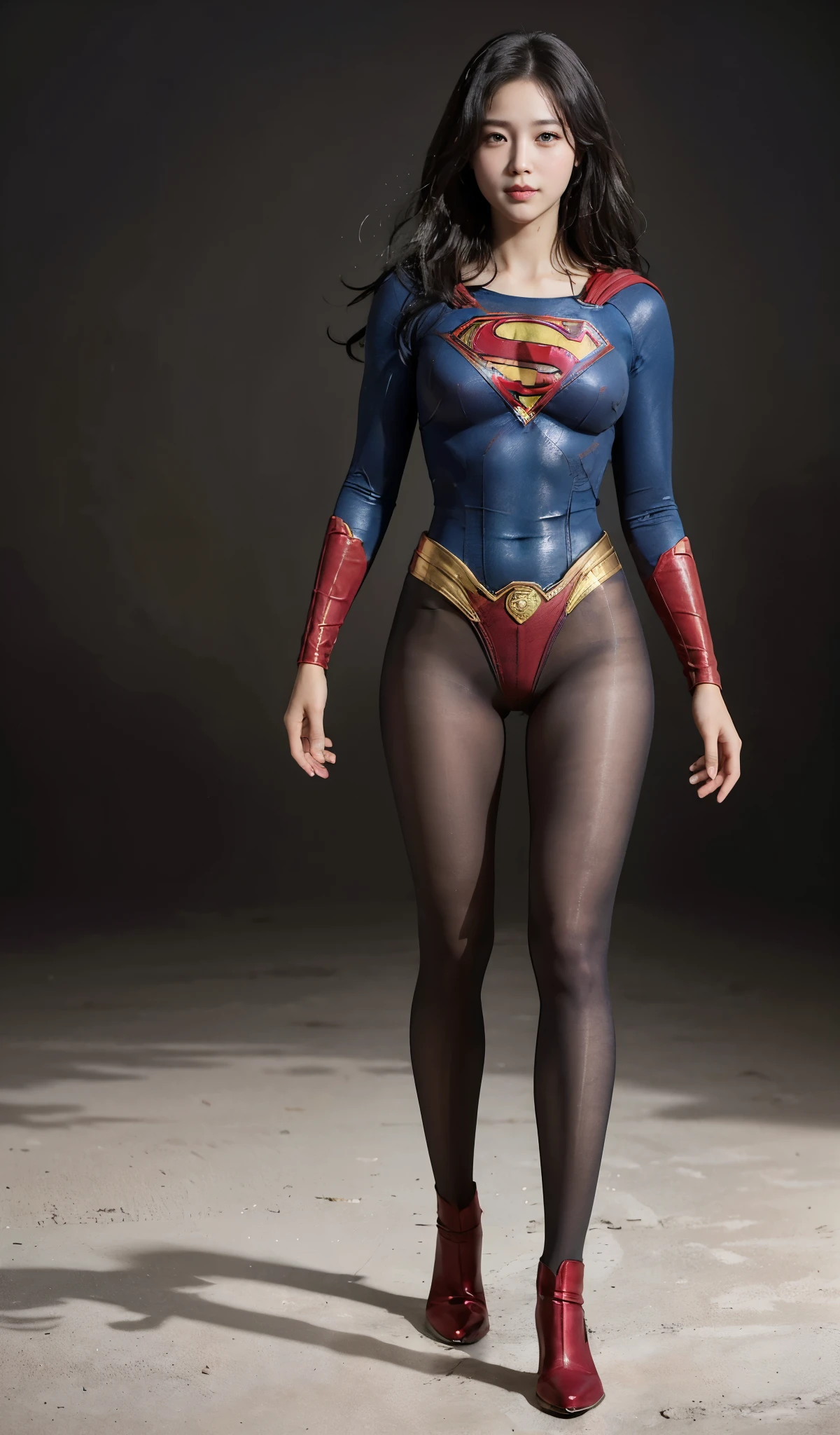 No background、(((Beautiful legs in black tights.)))、(((Legally express the beauty of your smile)))、((((Make the most of your original images)))、(((Supergirl Costume)))、(((Beautiful Hair)))、(((suffering)))、(((Please wear black tights....、Wear red boots)))、((Best image quality、8K))、((highest quality、8K、masterpiece:1.3))、(((Preserve background )))、Sharp focus:1.2、Beautiful woman with perfect figure:1.4、Thin abdominal muscles:1.2、Wet body:1.5、Highly detailed face and skin texture、8K