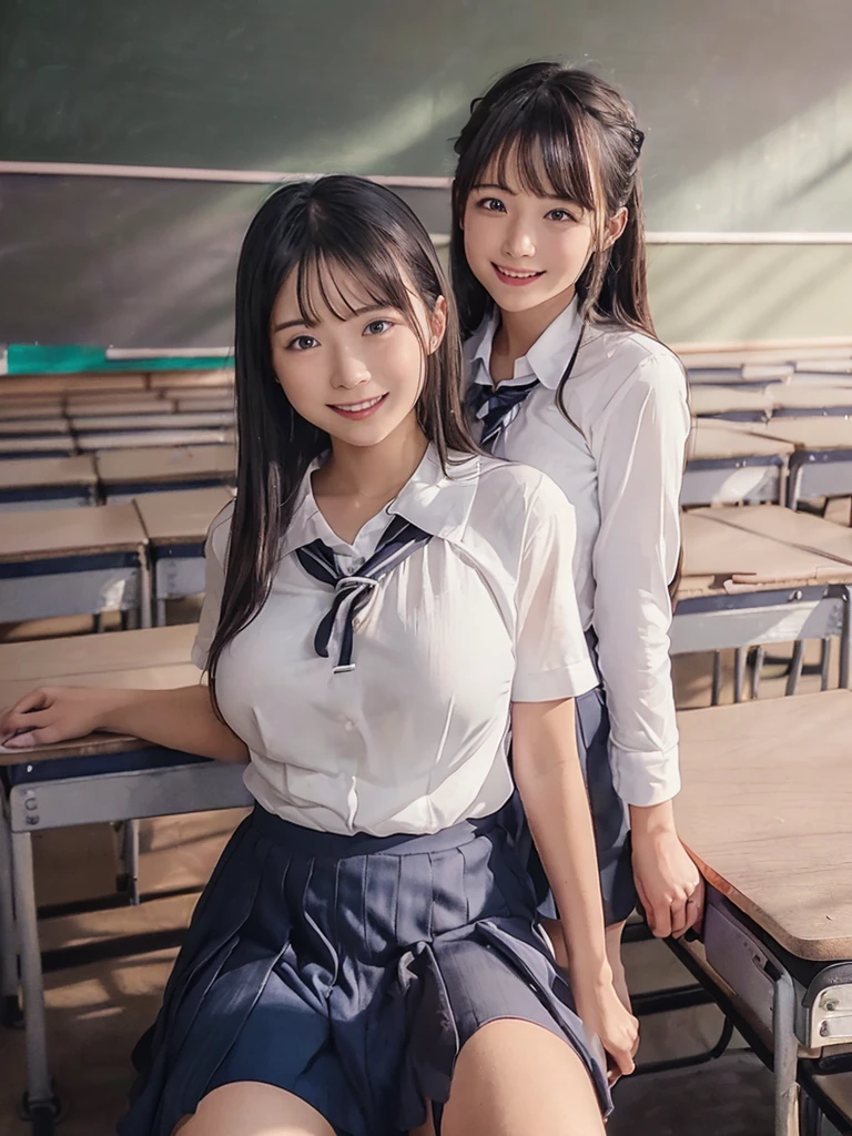 (8K,RAW Photos,highest quality,masterpiece:1.5),(Watching the audience:1.5),smile,Black Hair,(live-action:1.5),(Realistic expression:1.5),(middle School girls:1.5),(School uniform:1.5),(The background is an empty classroom:1.5),(Young face:1.4),(Big Breasts:1.5),Showing beautiful teeth,(Two Girls:1.6)