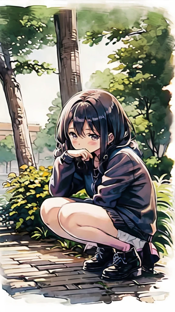 masterpiece, Highest quality,closed mouth,night,crying,Lean your body backwards,fat,shirt,I'm on my knees,Sigh,Dark Forest,sneakers,胸元の緩いshirt,Pleated skirt,Photoreal 1;4,brown hair,full body ,portrait1;4, {{beautiful medium size breasts 1:4}}, high quality panties,{{schoolgirl}},top quality,cute girl,high quality background, slanted eyes, detailed shirt chest wrinkles,BREAK, {{beautiful blue eye1:4}}, Accurate 5 fingers