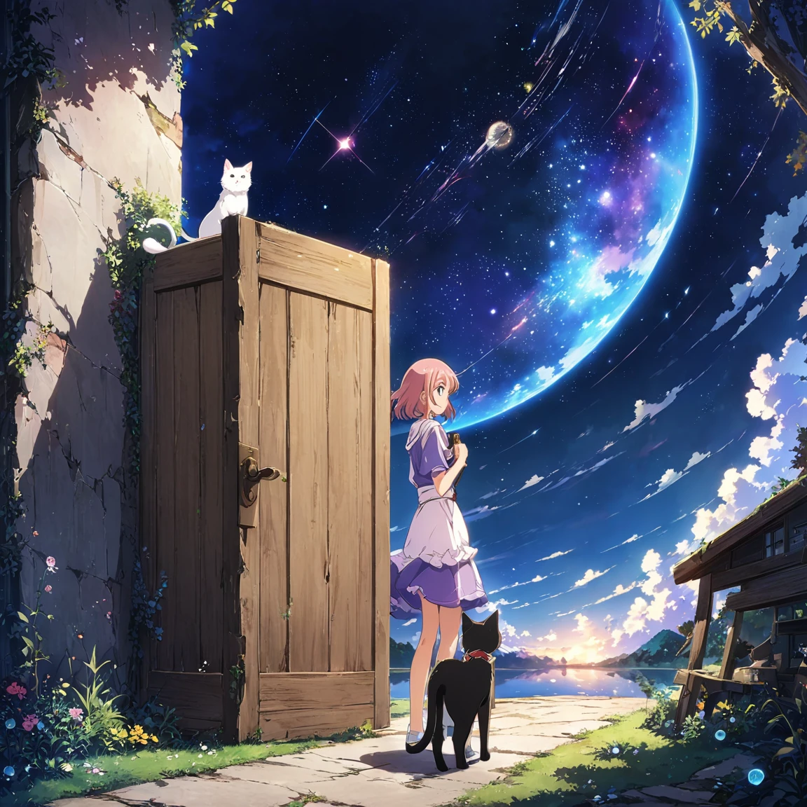 Anime drawings inspired by Makoto Shinkai, 「Sparrow&#39;s Door Lock」, rotting wooden door, Topics on pixiv, Space Art, Makoto Shinkai Cyril Roland, Anime Japanese man and woman in their late teens sitting and looking at the sky, Sota Munakata, Suzume Iwato, 二人の周りにWhite cat少女とBlack cat少女とThree-haired cat少女が空駆けまわる様にいる, 4k anime wallpaper,anime art wallpaper 8k, Anime Art Wallpaper 16k, anime art wallpaper 32k, Daijin, サDaijin, White cat, Black cat, Three-haired cat