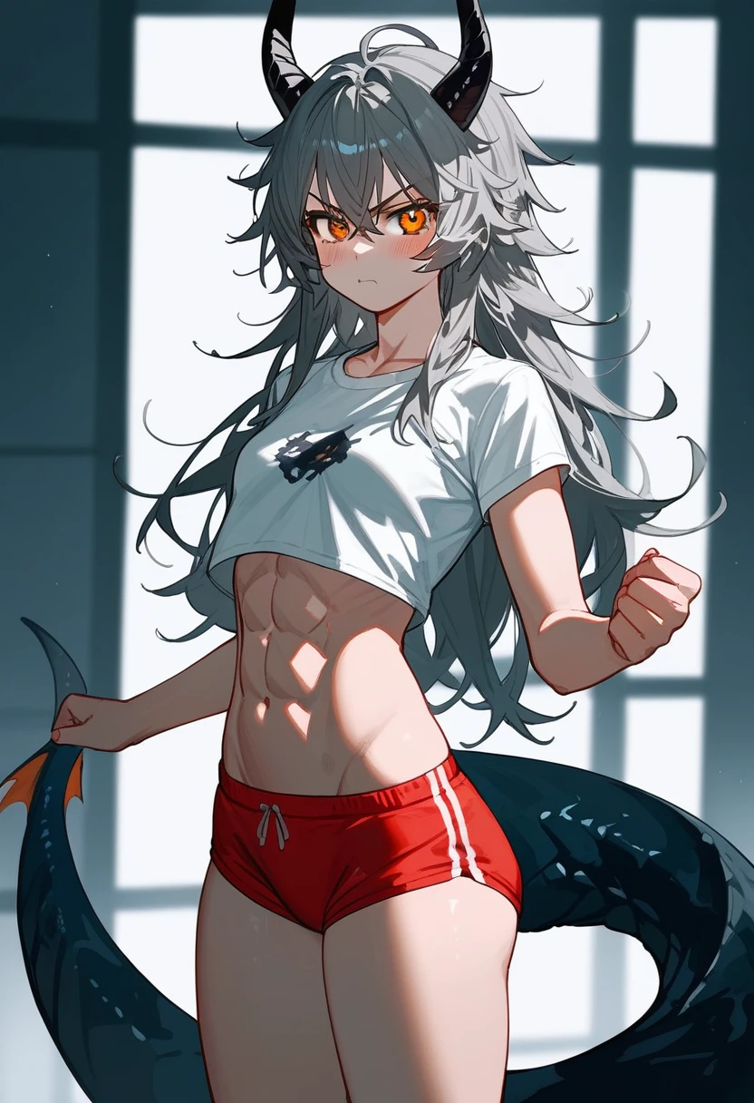 score_9, score_8_up, score_7_up, score_6_up, score_5_up, BREAK source_anime, rating_questionable, 1girl, short height, small breasts, gray hair, long hair, messy hair, amber eyes, blush, angry, black horns, crop t-shirt, boxers, big ass, wide hips, thick thighs, black dragon tail, abs, room,