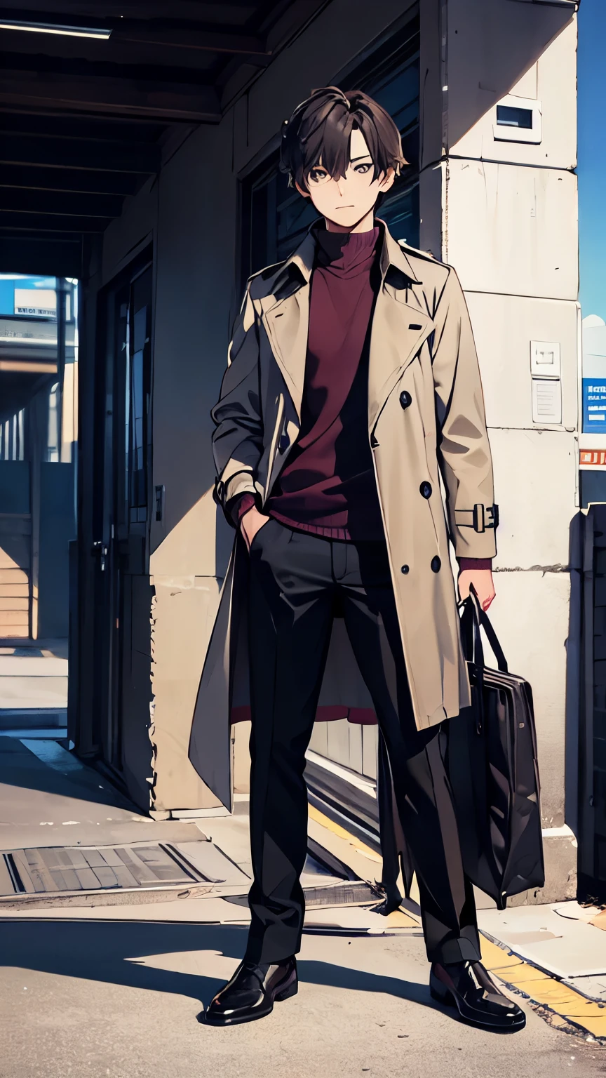A handsome college student，Wearing a trench coat，Facing the camera，Ultra HD， best quality, 8k, Japanese cartoon style