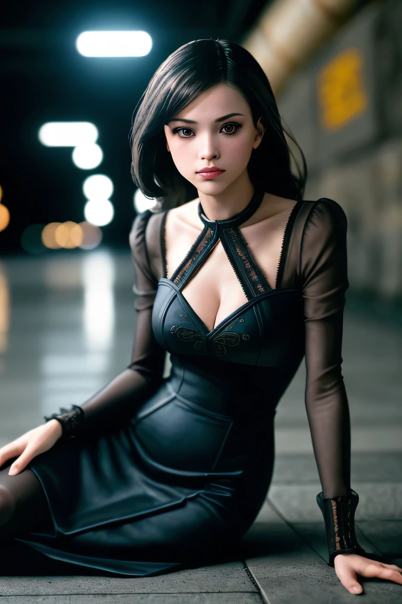 (masterpiece), (extremely intricate:1.3), (realistic), a girl, (punk, new wave), (dynamic perspective), dynamic angle, the most beautiful in the world, (slouching on the floor), chic dress, smirk, tunnel, Aomori, Haifa, professional photograph of a stunning woman detailed, sharp focus, dramatic, award winning, cinematic lighting, octane render unreal engine, volumetrics dtx, (film grain, blurry background, blurry foreground, bokeh, depth of field)