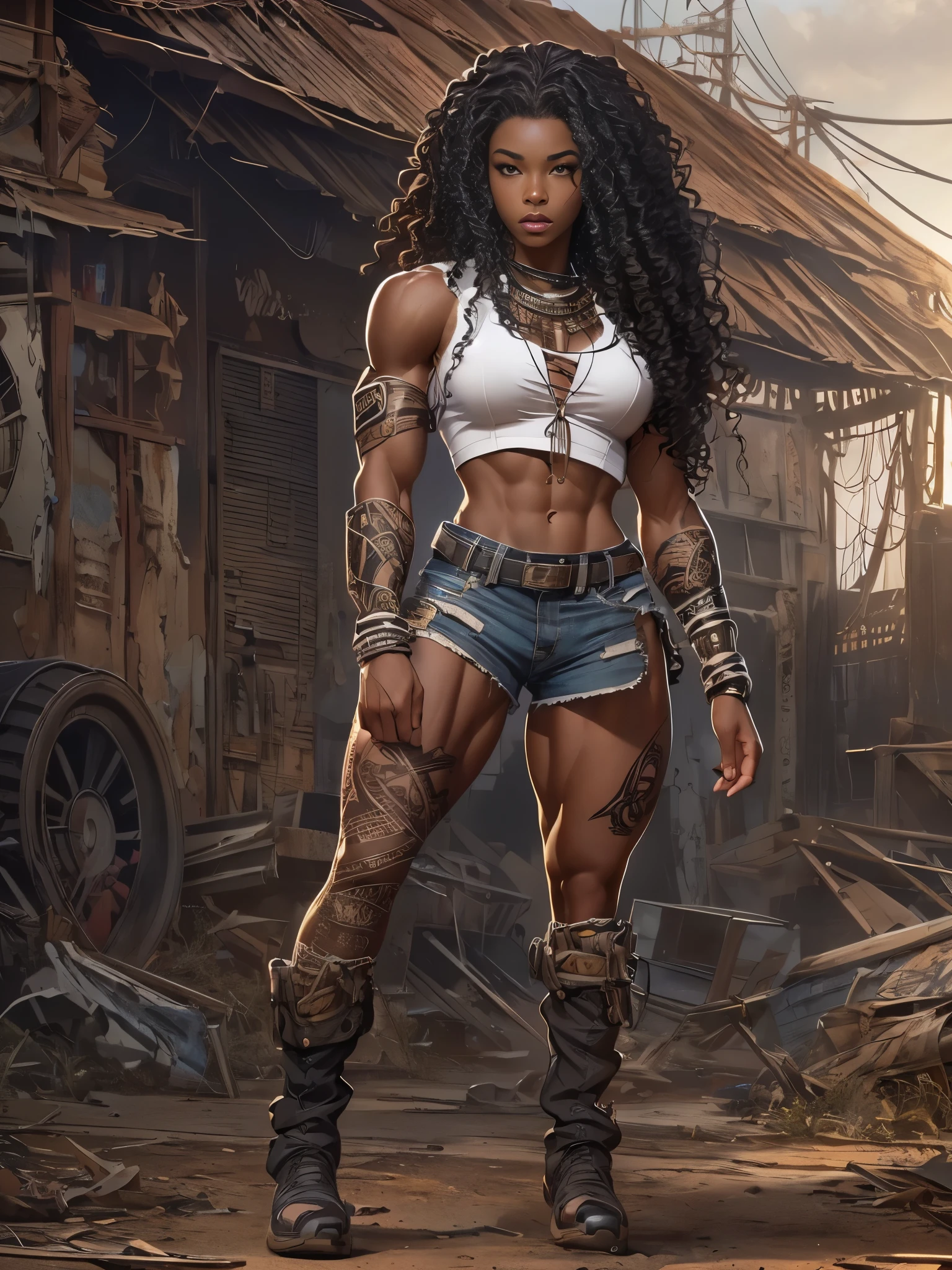 ((21-year-old))) black girl, (((light skin))),(muscular body:1.5), (arms up:1.5),(((close-up full body pose))), (((long wavy black hair))), (((silk thigh highs with skimpy shorts))), (((wearing post-apocalyptic clothing, short sleeve white shirt, unbuttoned half way))), African tribal tattoo sleeve, dark fantasy art, Rich, Deep Colors, (intricate details), (HDR, hyper-detailing:1.2), (natural skin textures, hyper realistic, soft light, Sharp),()