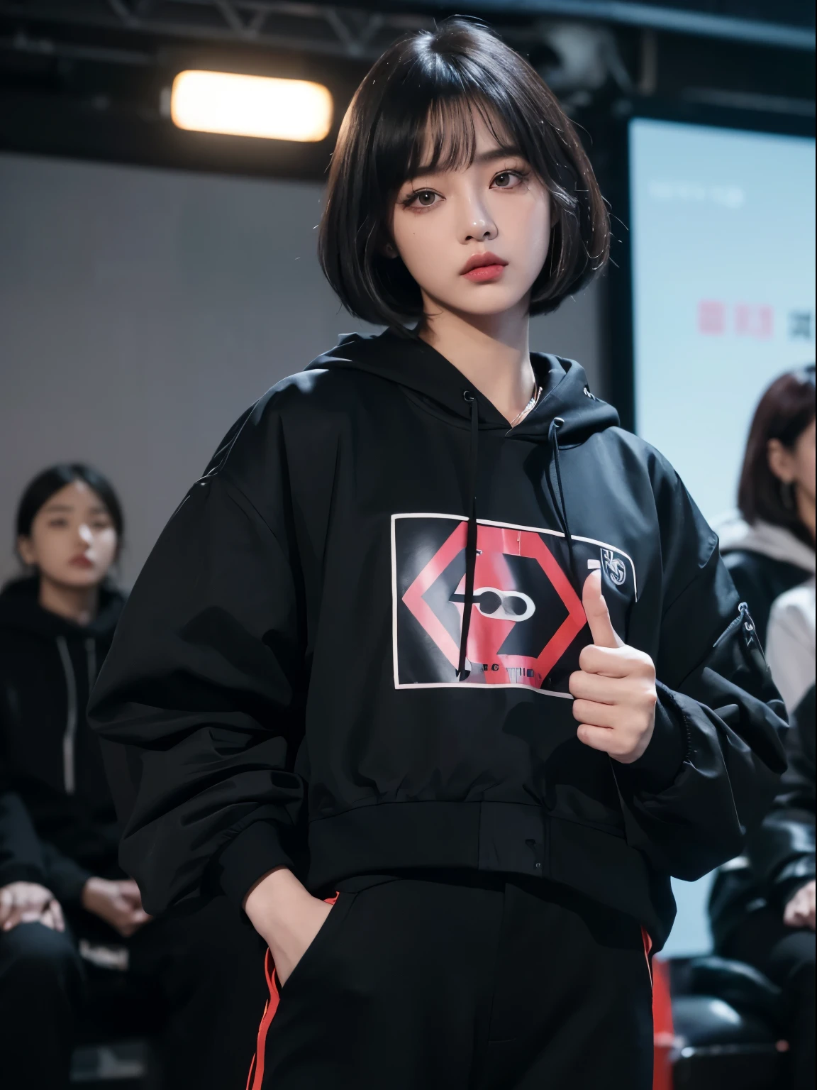 (Very fine eye), (((Fabric Shading))), (((highest quality))), (((masterpiece))) Saucy girl, (((Realistic))), Black Hair, Black Hair, Black Hair, Black Hair, chic hairstyle, ((Straight medium bob with bangs, nice hair)), Light makeup,Red eyes, I&#39;m not wearing lipstick,(((Retro-futuristic outfits))), ((Retro pose)), (((Game CG)) (nice, Saucy, It Girl), Fine Jewelry,, Strong night atmosphere, Has a strong retro feel, Cowboy Shot, Mid Shot, Centered Images, Focus on the camera, Elegant colors,Realistic Skin,Realistic texture,８k,whole body,,Korean women,彼女のBlack Hair, Medium Bob Cut,ruins,Red iris,Expressionless,(((He is wearing a big black down jacket. ))),Glaring,Perfect Face,(((Big eyes))),She is wearing wide black hip-hop style pants.,Mouth closed,Watching the audience,夜のruinsの前に女性が立っています, Roseanne Park from Blackpink, Trending on cgstation, Trending on cgstation, Black Pink&#39;s Joshi, portrait of aespaのウィンター,She is wearing black streetwear, Woman in black streetwear, Photo of a woman in black tech clothing, Girl wearing black hoodie, Cyberpunk Streetwear, Portrait of Jossi in Blackpink, Cyberpunk Streetwear street fashion e-girl,thumbs up