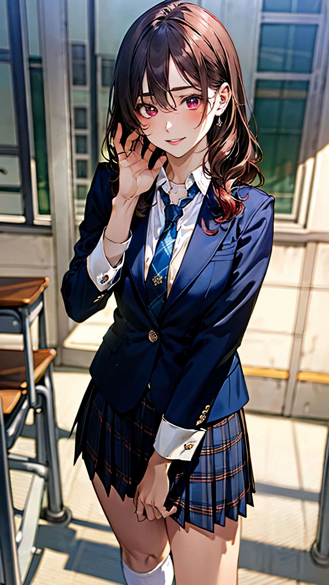 (masterpiece:1.3, top-quality, ultra high res, ultra detailed), (realistic, photorealistic:1.4), beautiful illustration, perfect lighting, natural lighting, colorful, depth of fields,
beautiful detailed hair, beautiful detailed face, beautiful detailed eyes, beautiful clavicle, beautiful body, beautiful chest, beautiful thigh, beautiful legs, beautiful fingers,
looking at viewer, 1 girl, high school girl, perfect face, (perfect anatomy, anatomically correct), cute and symmetrical face, babyface, , shiny skin,
(middle hair, straight hair, red hair), hair between eyes, long bangs, maroon eyes, long eye lasher, (medium breasts), slender,
(((navy blazer, close blazer), collared white shirt, navy plaid pleated skirt, light blue tie), white headband), navy school socks,
(beautiful scenery), evening, (school classroom), (standing, head tilt, hair twirling), (seductive smile, upper eyes, parted lips),