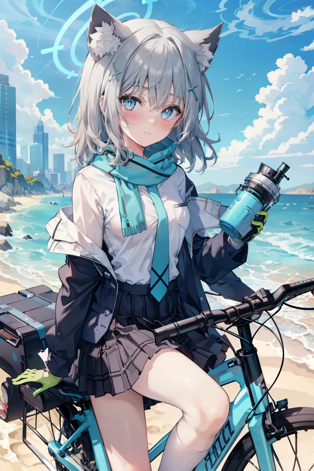 Sand Wolf Shiroko、Good looking girl (blush, Perfect Face), independent , Looking at the camera, masterpiece, Anime art style, Cute Characters, Most detailed, high quality、Nico Nico Smile、has a white gun、Riding a bicycle