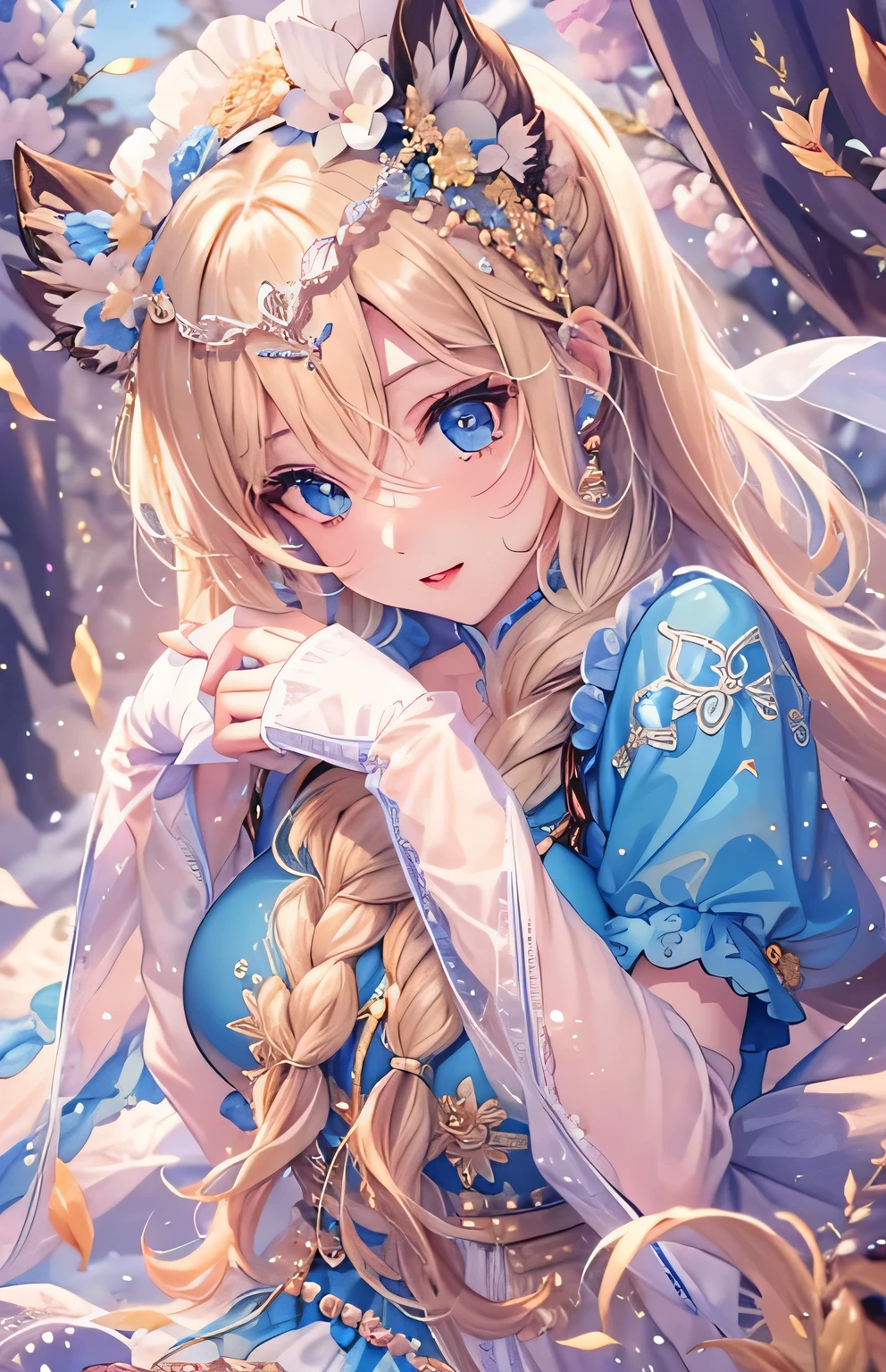 ((highest quality)), ((masterpiece)), (Get used to it), Perfect Face , beautiful girl , Big Breasts , Long and beautiful blonde hair , Braided hair , Blue Butterfly々 ,