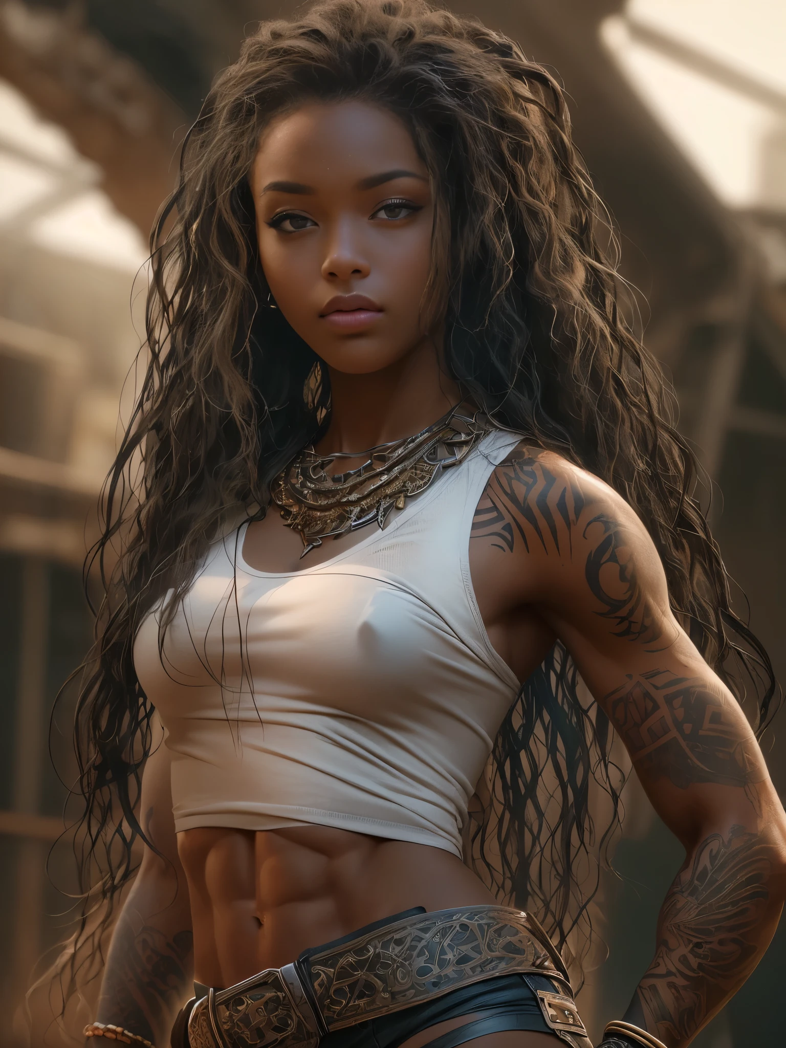 ((21-year-old))) black girl, (((light skin))),(muscular body:1.5), (((close-up full body pose))), (((long wavy black hair))), (((silk thigh highs with skimpy shorts))), (((wearing post-apocalyptic clothing, short sleeve white shirt, unbuttoned half way))), African tribal tattoo sleeve, dark fantasy art, Rich, Deep Colors, (intricate details), (HDR, hyper-detailing:1.2), (natural skin textures, hyper realistic, soft light, Sharp),()