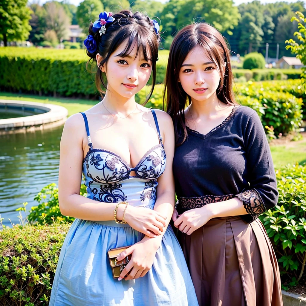 (highest quality:1.4), 8k, Ultra-high resolution, (Ultra-high resolution:1.2), Absurd:1.2, (Photo 1.2), (Realistic, photo Realistic:1.4), (masterpiece:1.3), (Intricate details:1.2), 1 nogizaka girl, very cute, (bishojo:1.35), (15 years:1.4), Extremely detailed and beautiful eyes, face and skin, perfect glowing skin, Perfect Skin, Fair skin, Medium chest, Very fine black braided ponytail, Cinema Lighting, Smiling for the camera, Cowboy Shot, (Alice and the Pirates Fashion:1.1), beautiful dress with great details, Cleavage, (Blue rose hair accessory), Petit Trianon Gardens and Farmhouse, Overlooking the village and lake, Highly detailed background