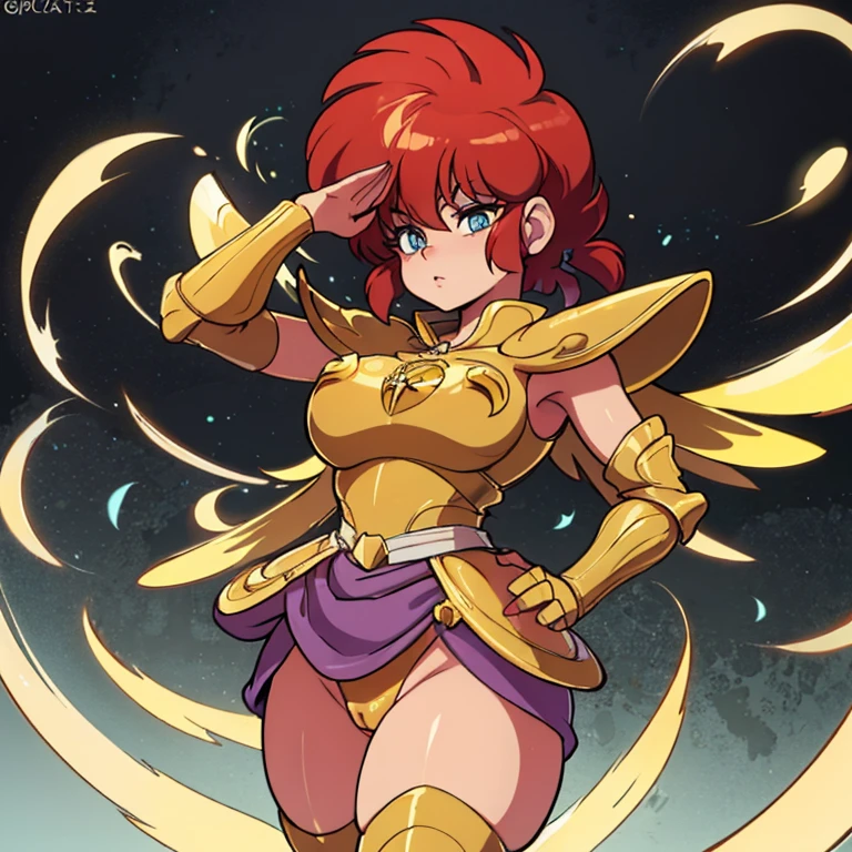 Ranmachan, cabello rojo, Cabello corto, ojos azules, ojos detallados, cara de placer, muslos, pechos grandes, cuerpo completo, pose vulgar, vulgar, pechos vulgares, escote muy grande, senos grandes, armadura dorada, Saint Seiya Zodiac, Zodiac Sagittarius gold Armor, armadura brillante, sexy Armor, 