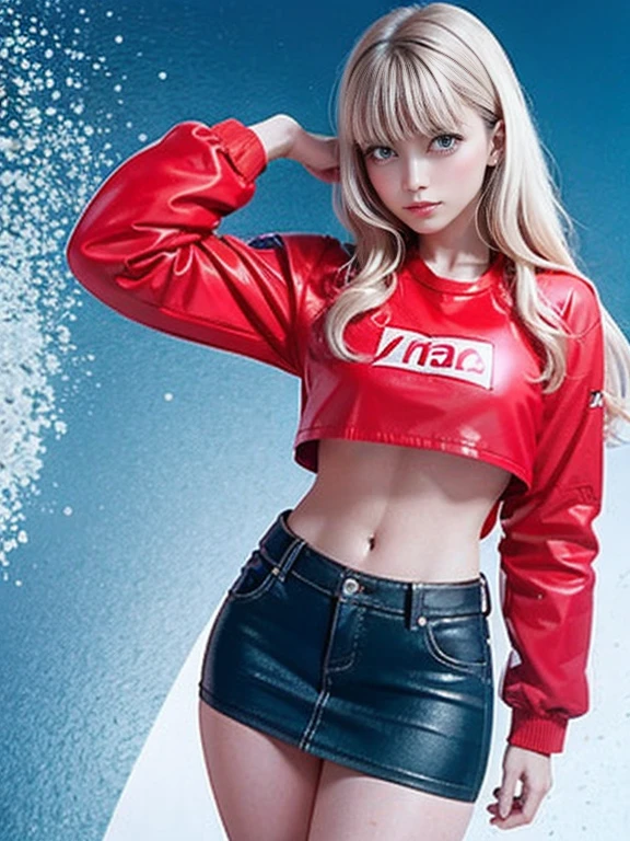 Official Art, highest quality, masterpiece, 超A high resolution, (Photorealistic:1.4), Raw photo, ((Ultra-Realistic Details)), Portrait, Global Illumination, Shadow, Octane Rendering, 8k, Super sharp, Asuka, Eva 02, One Girl, , Orange Hair, (Long hair blowing in the wind), Detailed facial depiction, Almond-shaped, sky-blue eyes, Long eyelashes, glossy lips, Tsundere and playful expression, (Red low rise leather skirt), (Pure White Cropped T-Shirt:1.4), (Underbust exposure), (Red Down Jacket:1.1), Big breasts and small waist, (1 Akira Bike Red:1.4), cycling, night, cyberpunk city view, Ultra-high definition CG quality,