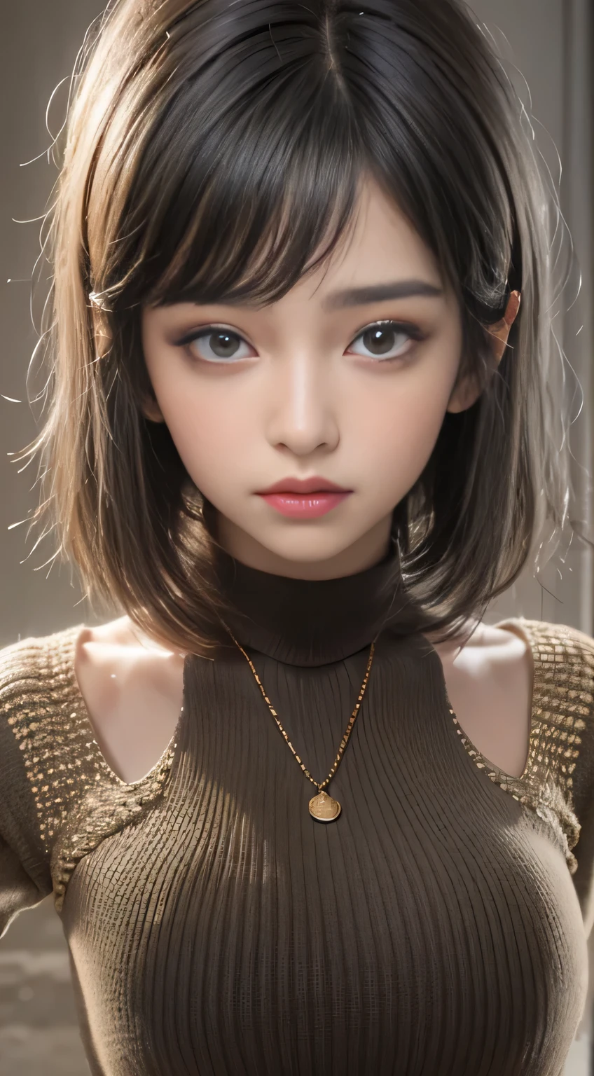 (masterpiece:1.3), (8k, Realistic, RAW Photos, highest quality: 1.4), (One girl), Beautiful Face, (Realistic Face), (Black Hair, short hair:1.3), Beautiful hairstyle, Realistic eyes, Beautiful fine details, (Realistic Skin), Beautiful Skin, (Tight summer knit sweater), Absurd, Charm, Ultra-high resolution, Ultra-realistic, Very detailed, Golden Ratio