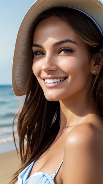 Photography, ultra realistic, woman at the beach wearing a hat and a blue shirt, beautiful, sunny day, smile, lifelike skin texture, skin pores, natural light, well lit, best quality, high res, detailed, UHD