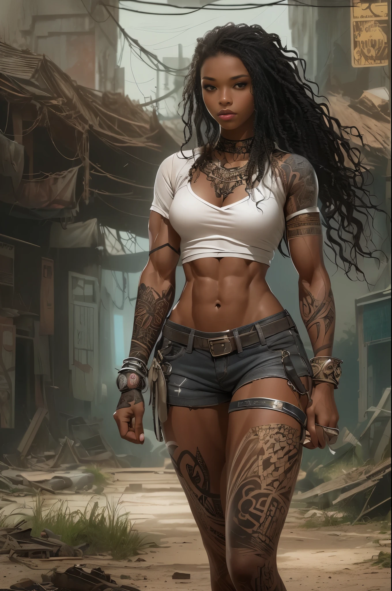 ((21-year-old))) black girl, (((light skin))),(muscular body:1.5), (((close-up full body pose))), (((long wavy black hair))), (((silk thigh highs with skimpy shorts))), (((wearing post-apocalyptic clothing, short sleeve white shirt, unbuttoned half way))), African tribal tattoo sleeve, dark fantasy art, Rich, Deep Colors, (intricate details), (HDR, hyper-detailing:1.2), (natural skin textures, hyper realistic, soft light, Sharp),()